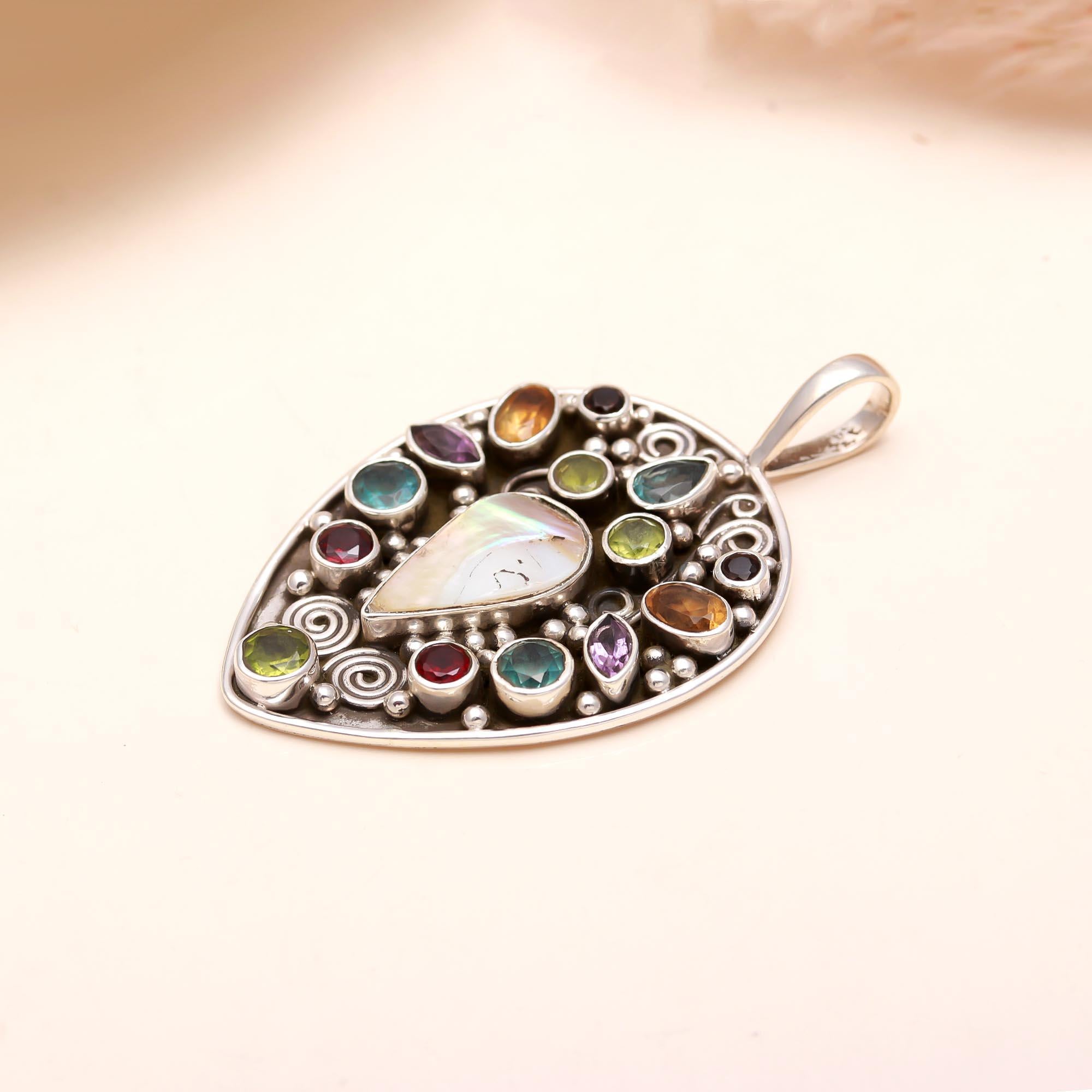 Silver PAAN Shape Multicolor Stone Pendant