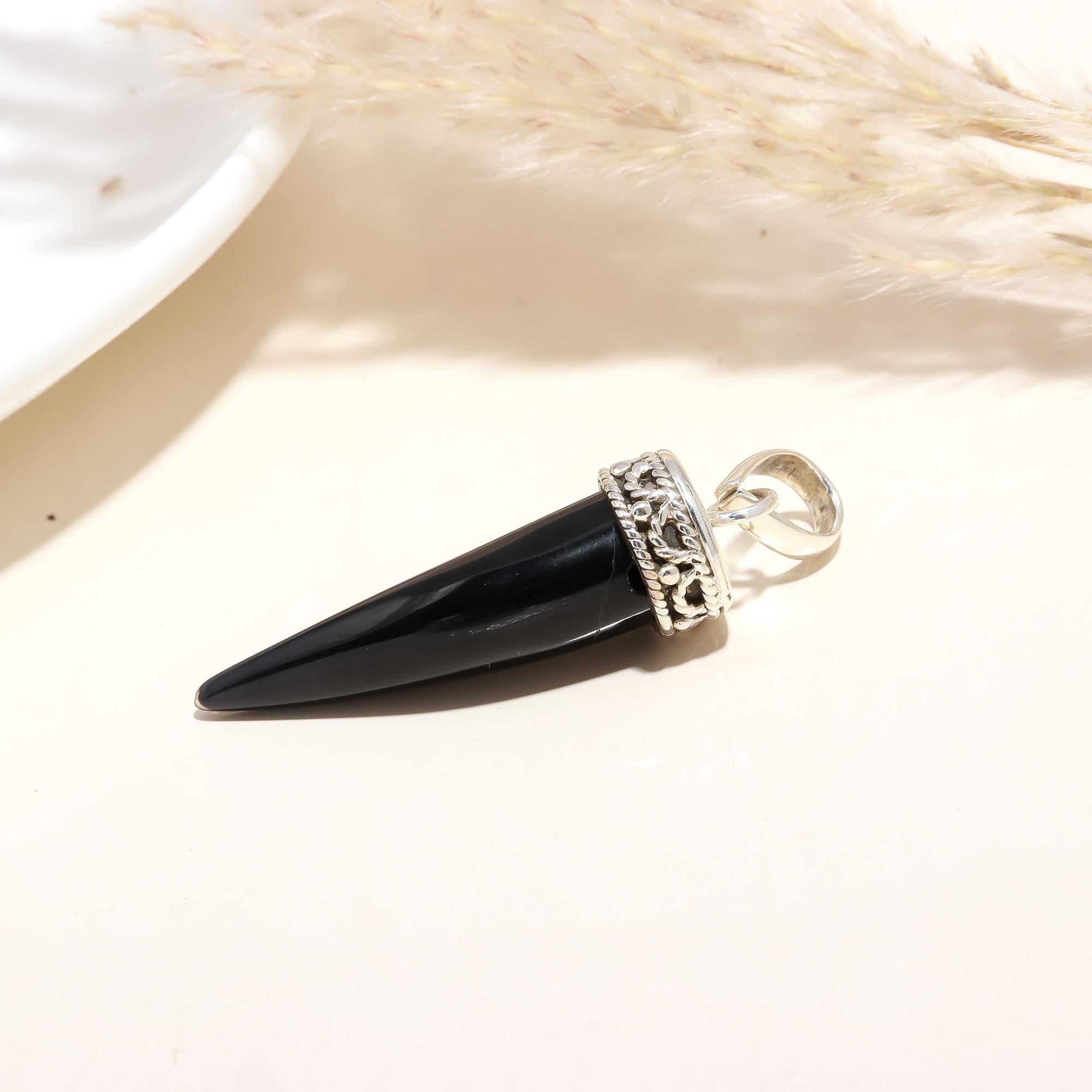 Ethnic Black Onyx Tooth Pendant, 925 Sterling Silver Pendant