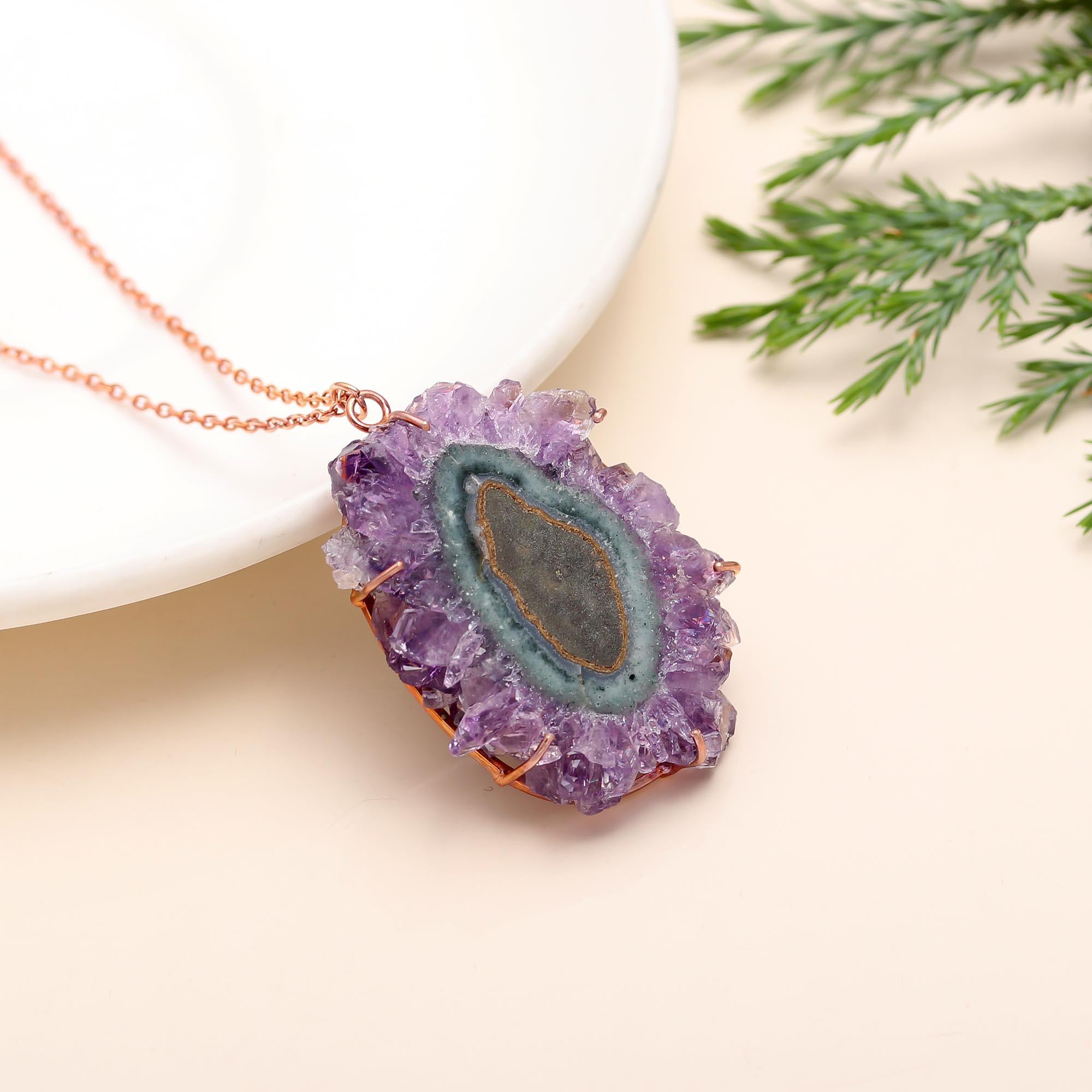 925 Sterling Silver Amethyst Druzy Stalactite Necklace