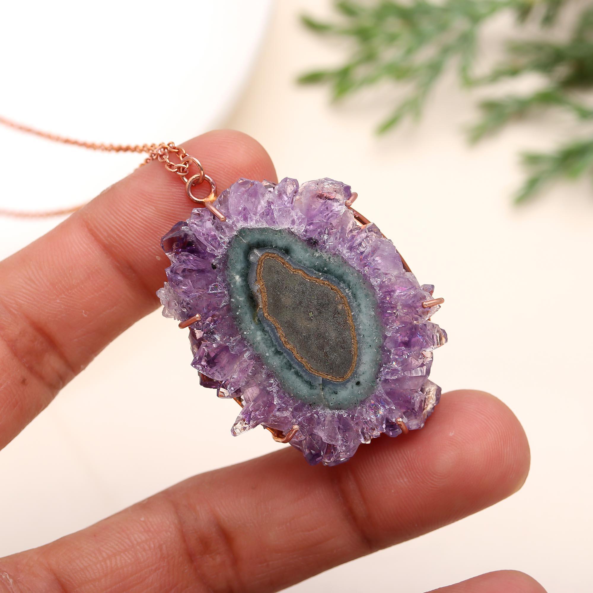 925 Sterling Silver Amethyst Druzy Stalactite Necklace