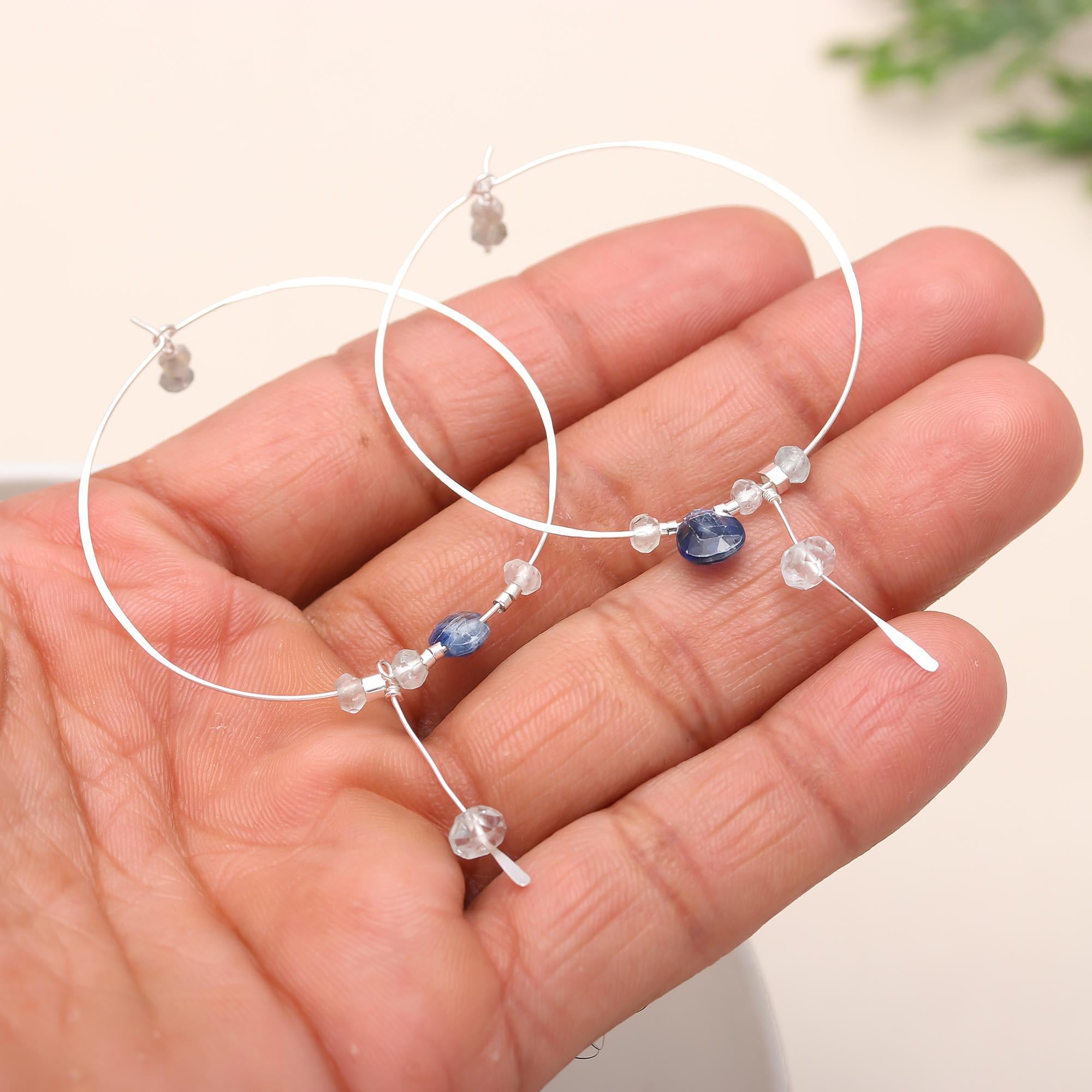 925 Silver Gemstone Beaded Hoop Earrings