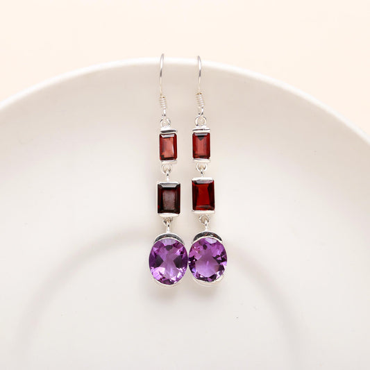 925 Silver Garnet and Amethyst Dangle Earrings