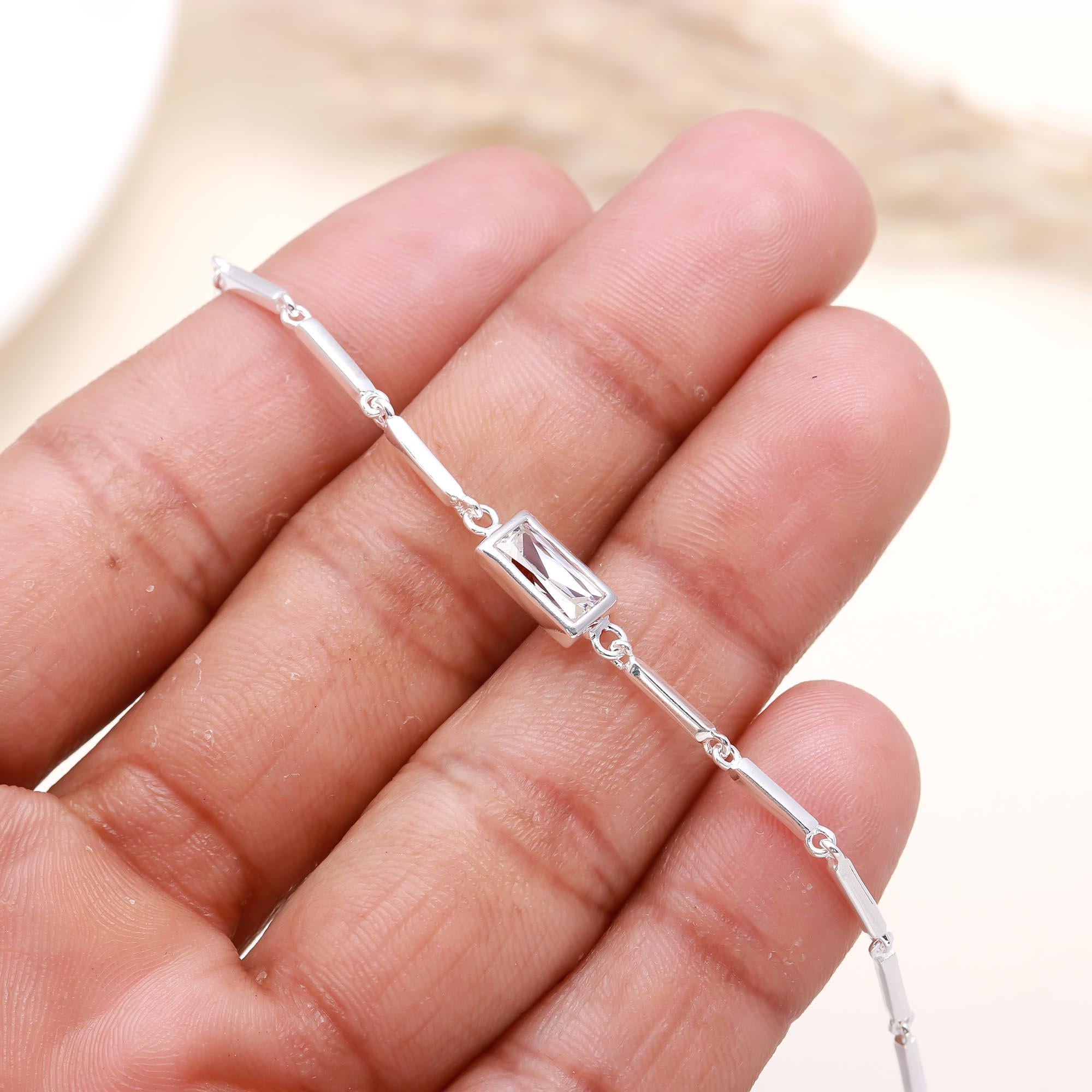 925 Sterling Silver Baguette Stone Bar Link Bracelet