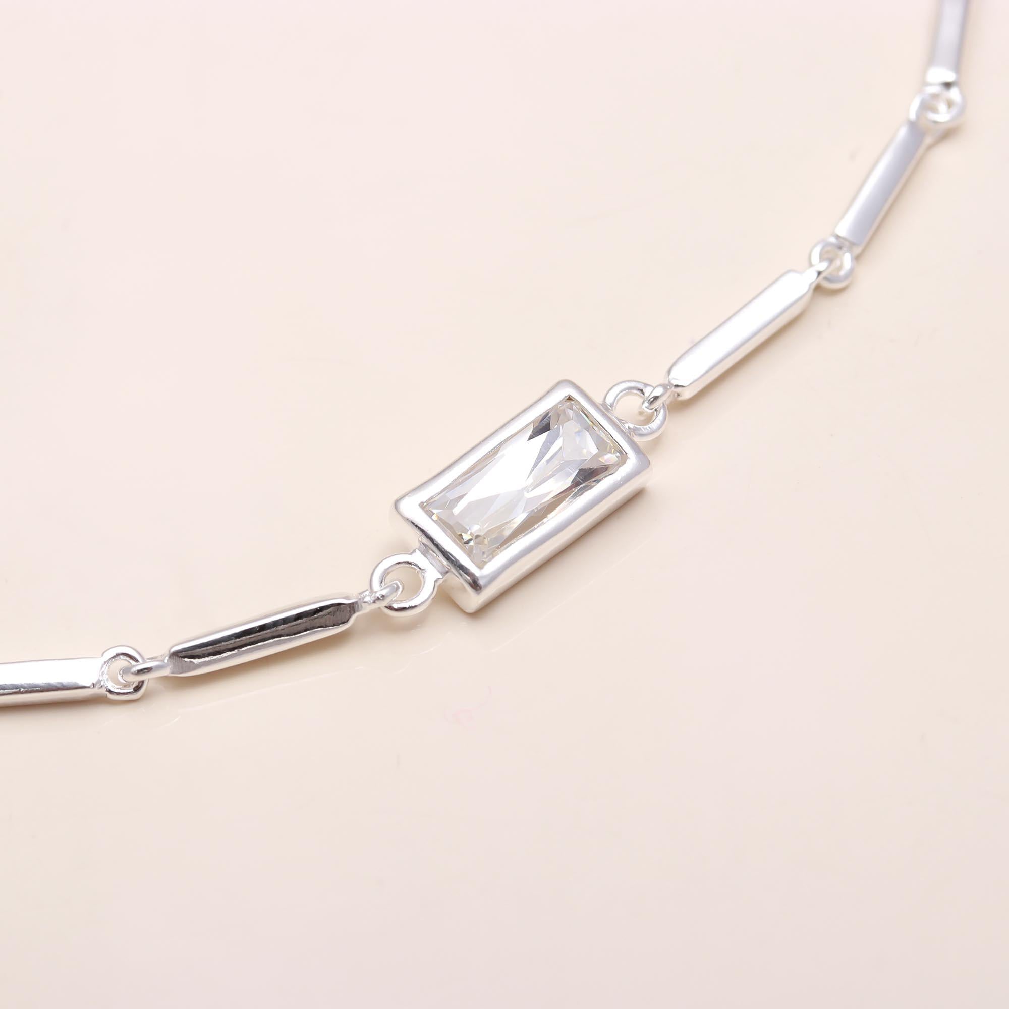 925 Sterling Silver Baguette Stone Bar Link Bracelet