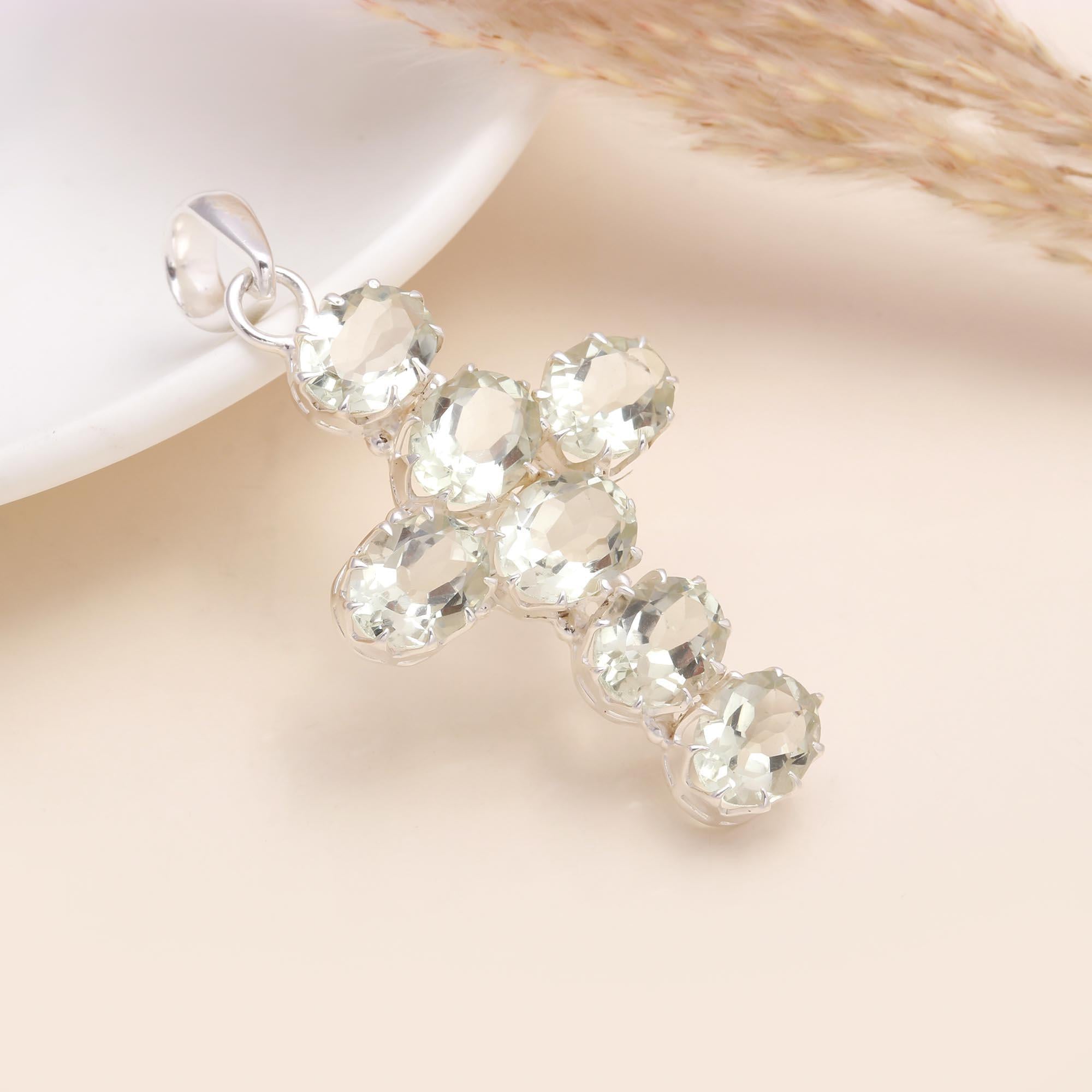 925 Sterling Silver Green Amethyst Cross Pendant