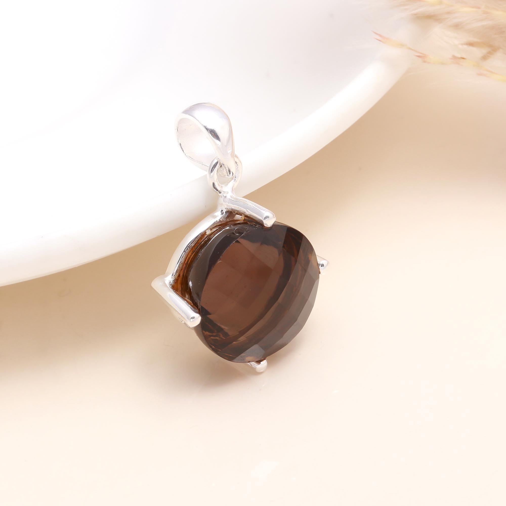 925 Sterling Silver Smoky Quartz Round Pendant