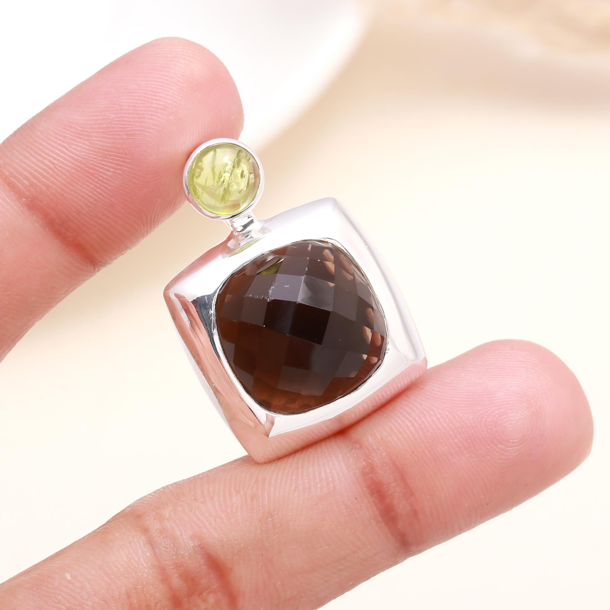 925 Sterling Silver Smoky Quartz & Peridot Statement Pendant