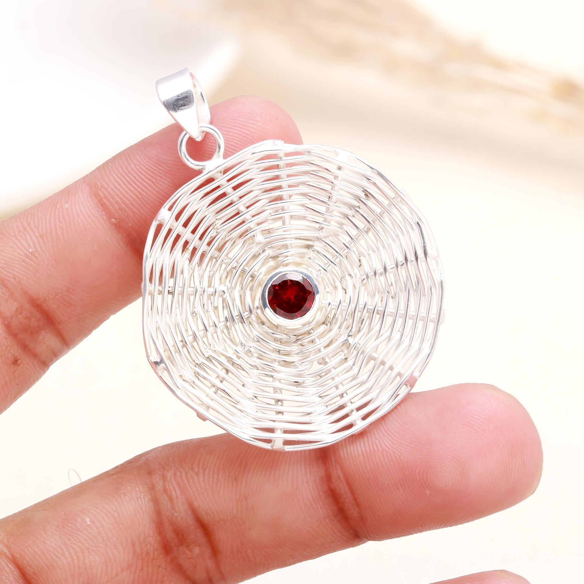 925 Sterling Silver Handwoven Garnet Pendant