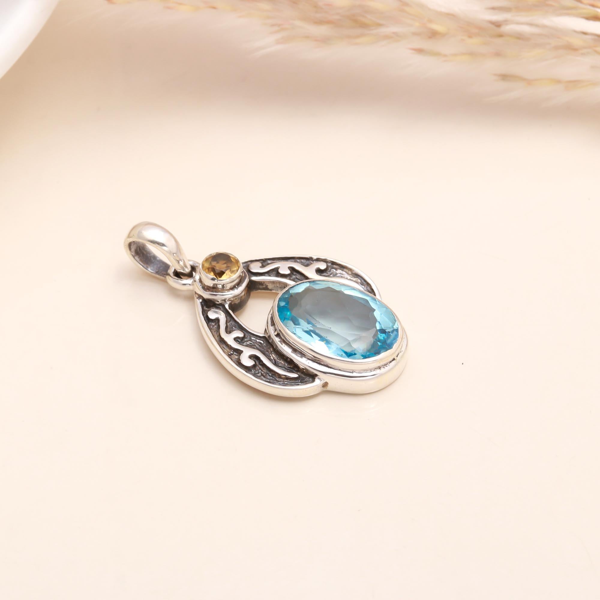 925 Sterling Silver Vintage-Inspired Blue Topaz & Citrine Pendant