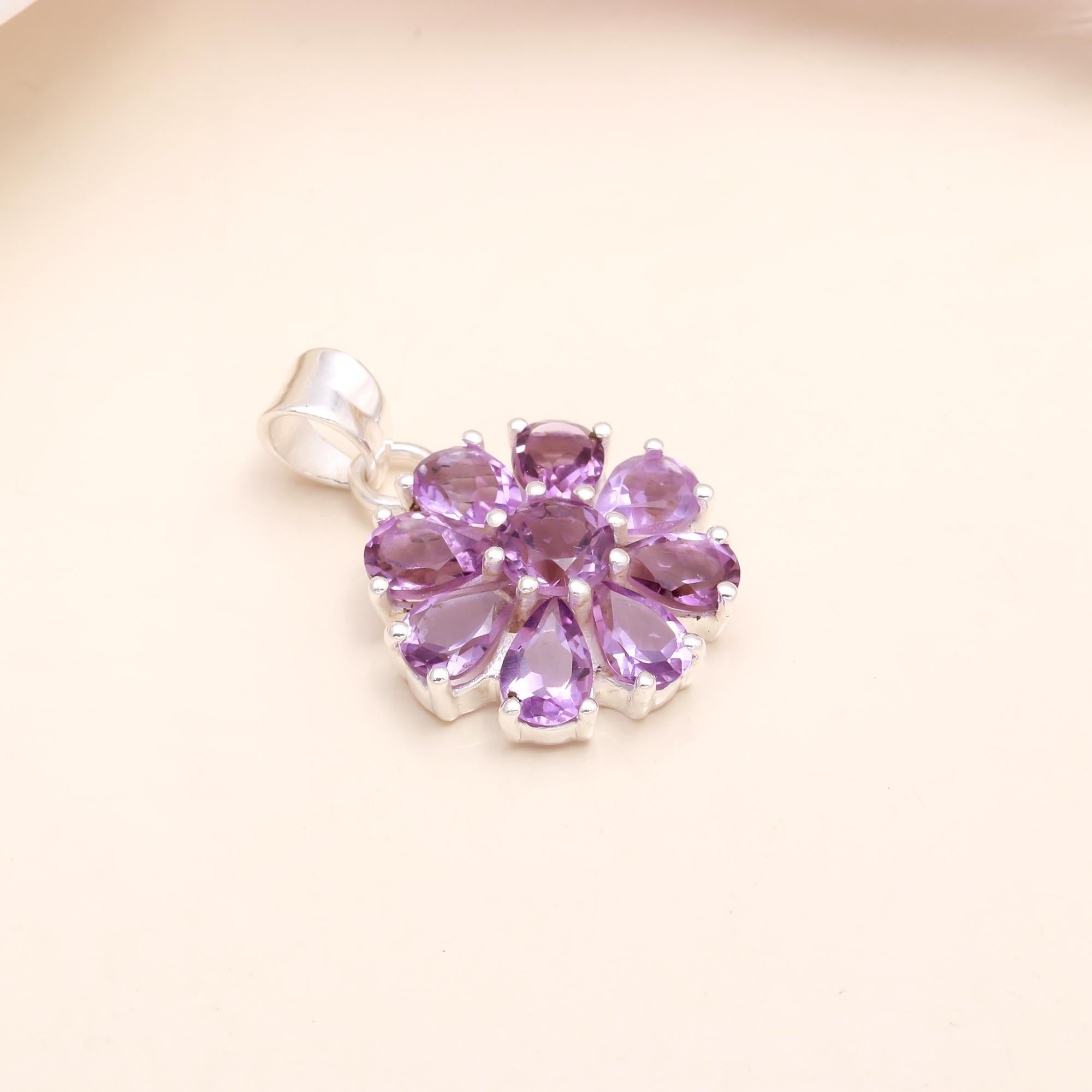 925 Sterling Silver Amethyst Floral Pendant