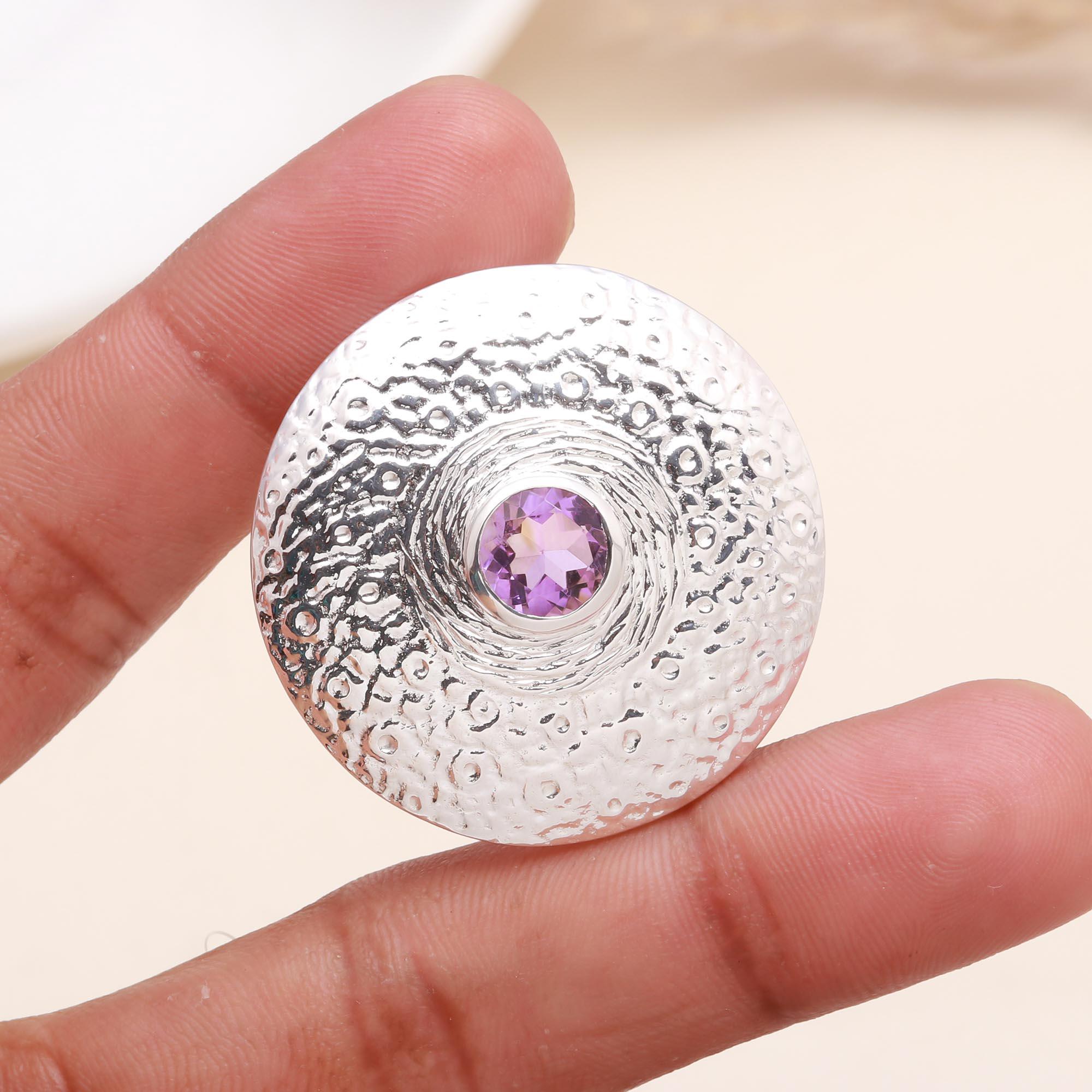 925 Sterling Silver Amethyst Textured Disc Pendant