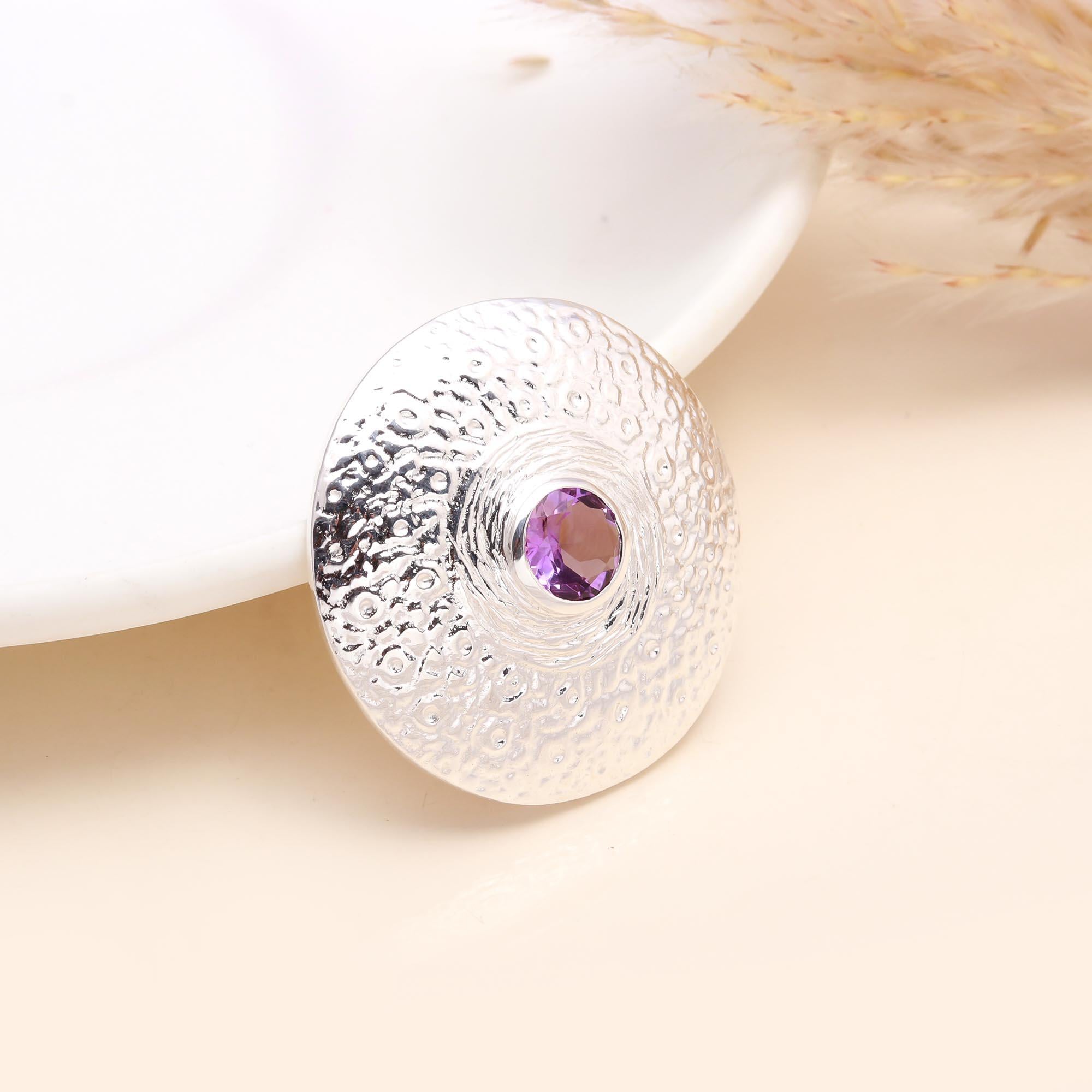 925 Sterling Silver Amethyst Textured Disc Pendant