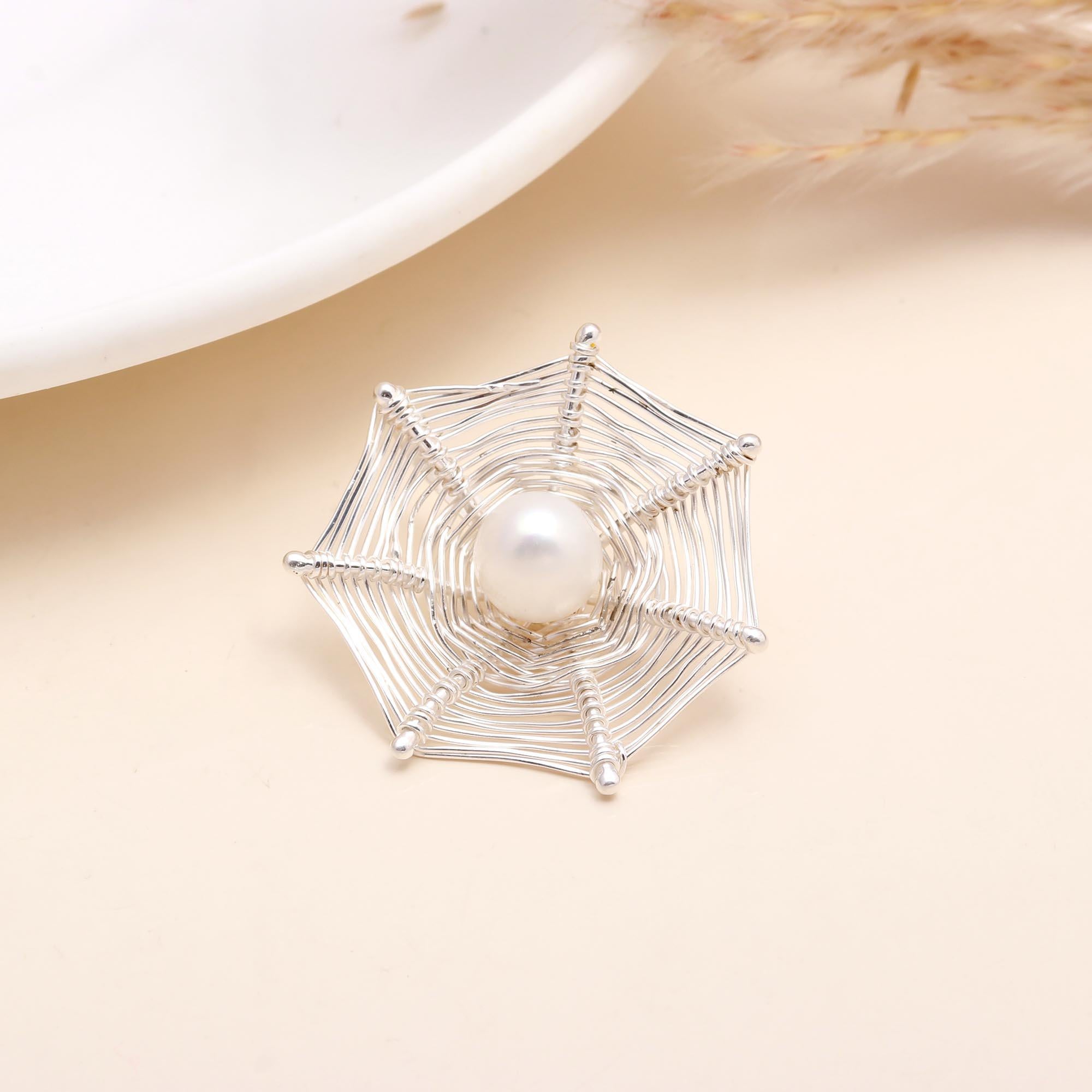 925 Sterling Silver White Pearl Spiderweb Pendant