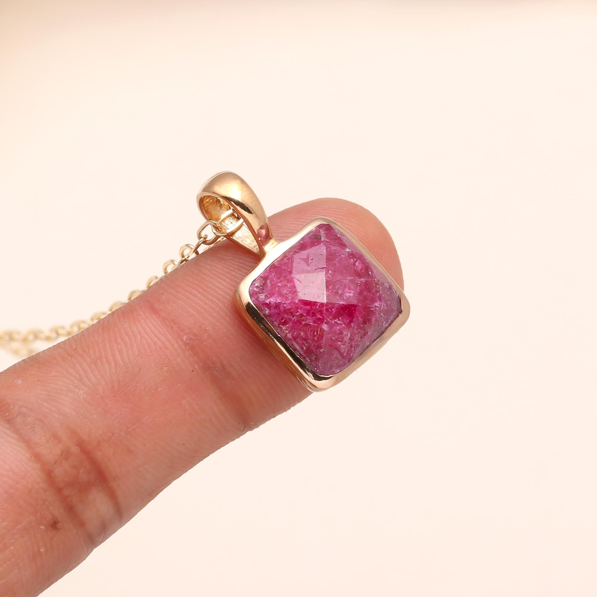 925 Sterling Silver Raw Ruby Square Pendant Necklace
