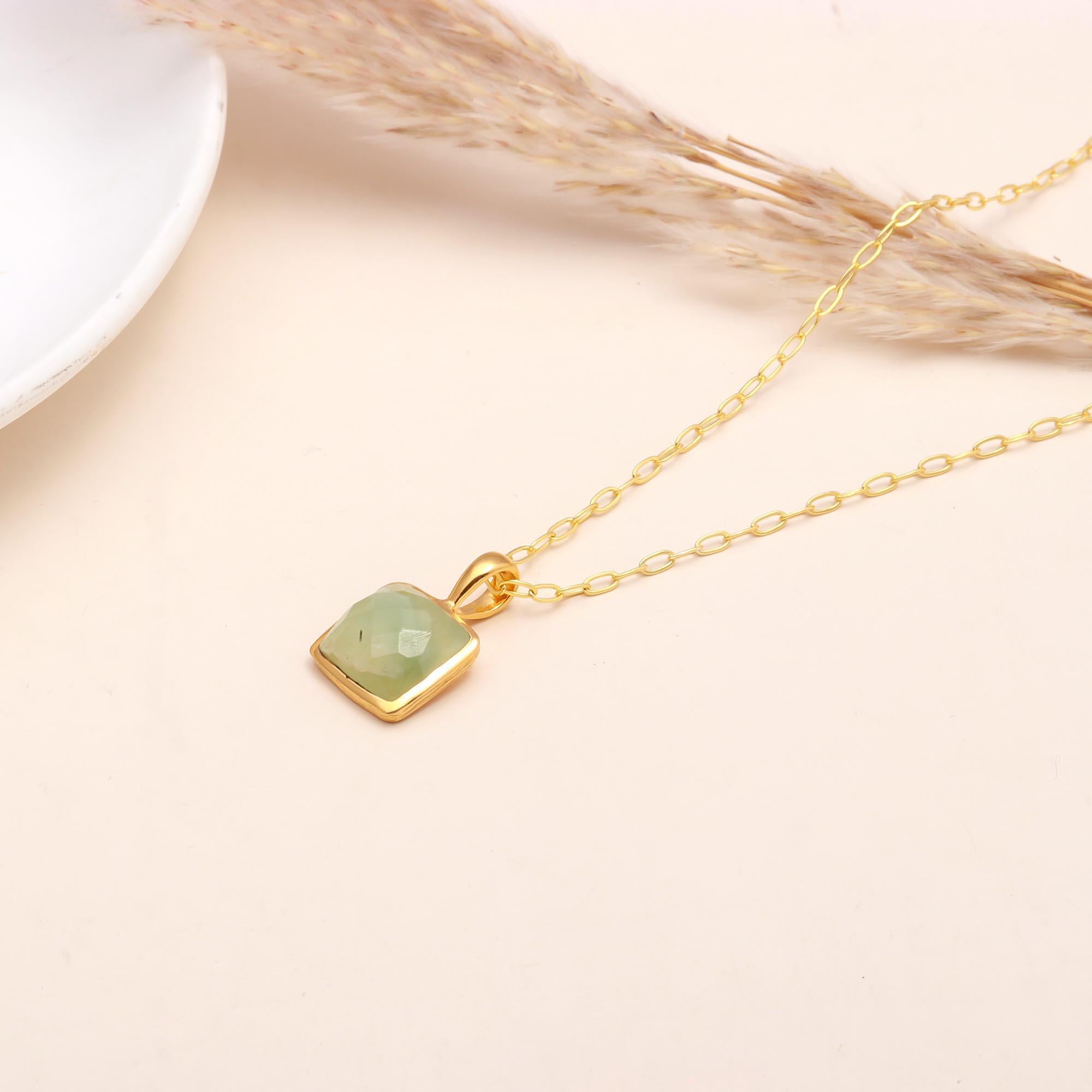 925 Sterling Silver Square Green Gemstone Pendant Necklace