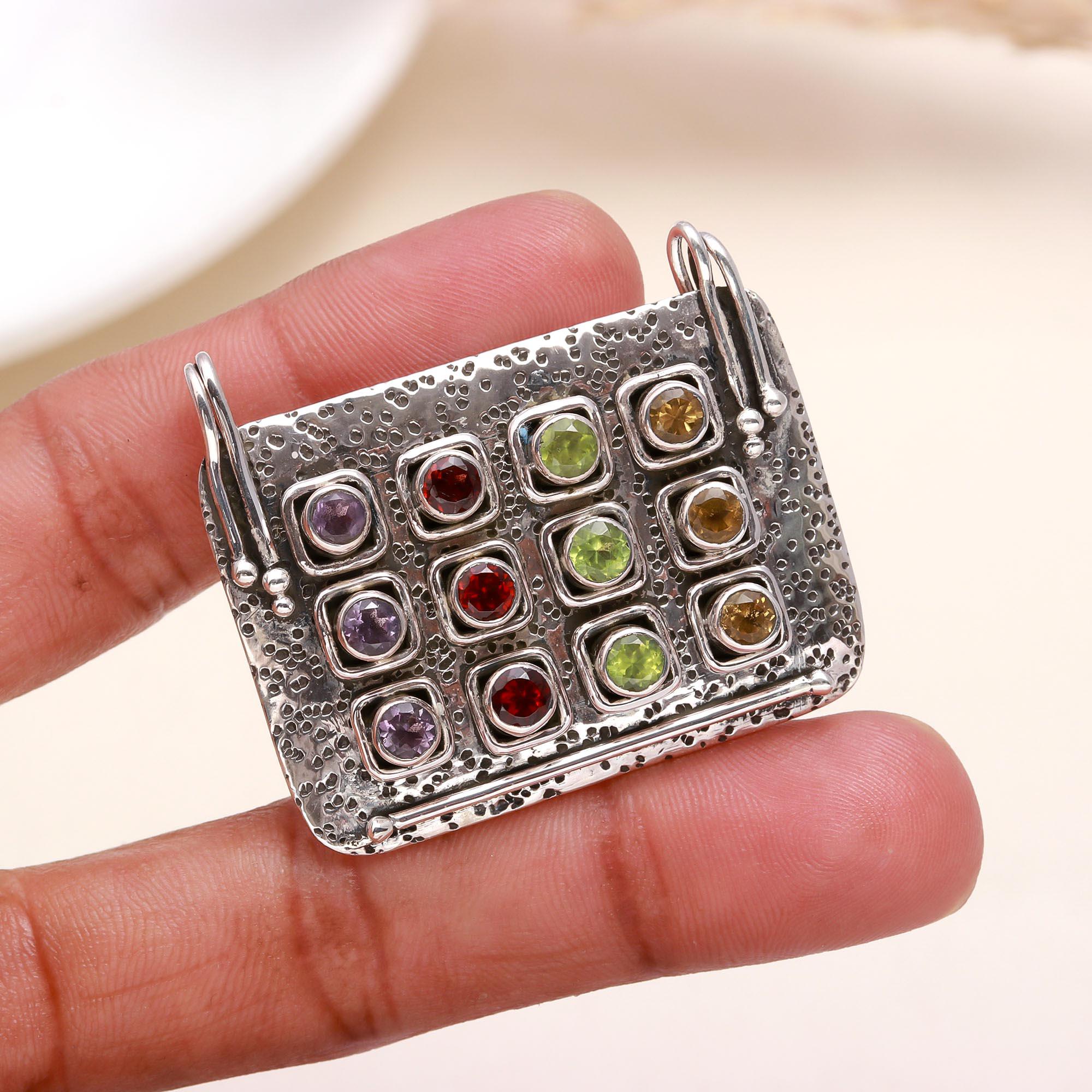 925 Sterling Silver Ethnic Multi-Stone Pendant