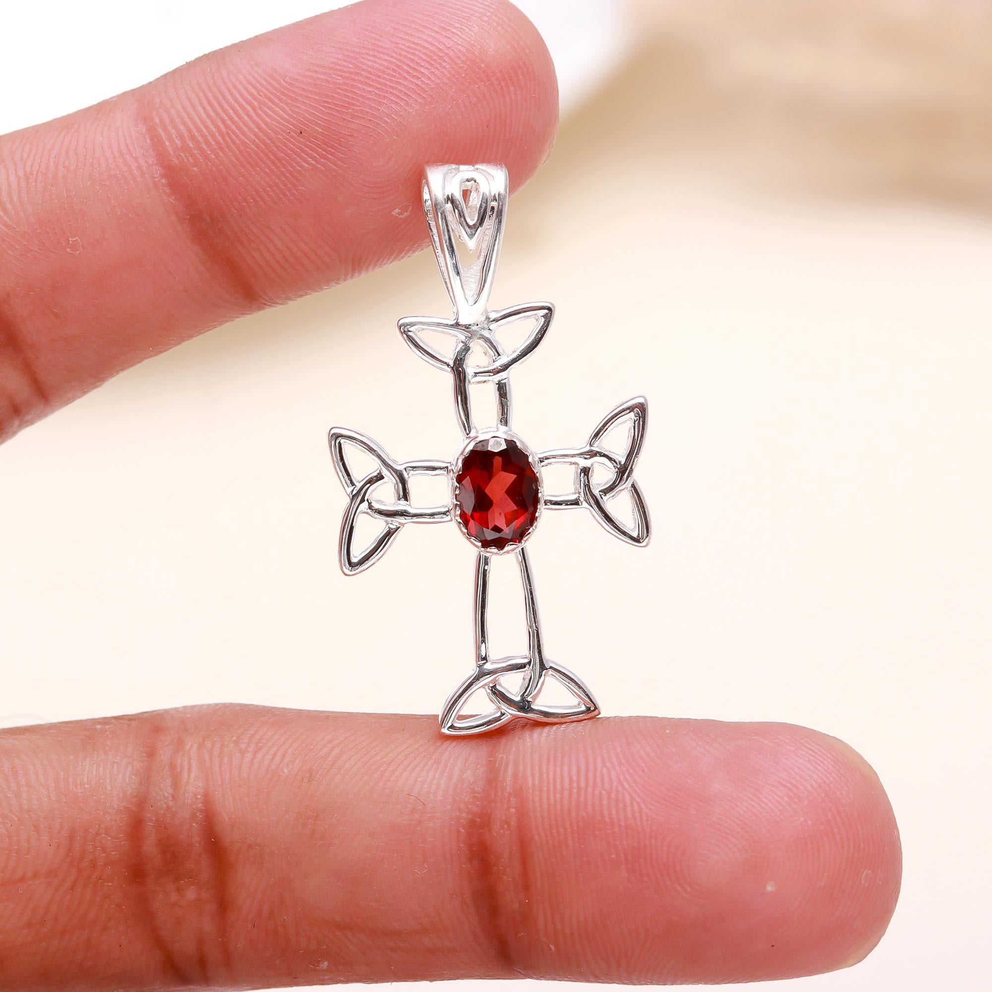 925 Sterling Silver Celtic Cross Pendant With Garnet