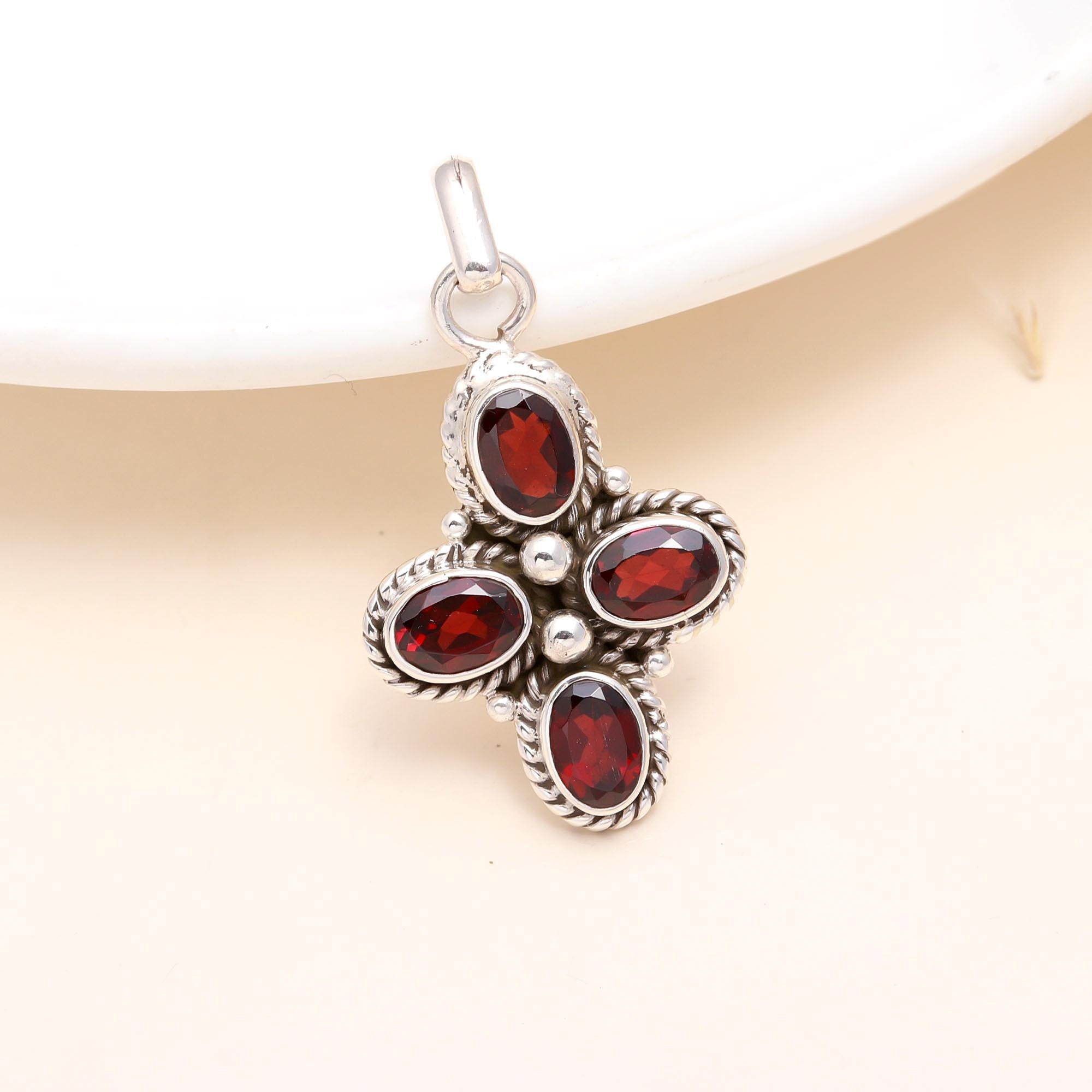 925 Sterling Silver Garnet Cross Pendant