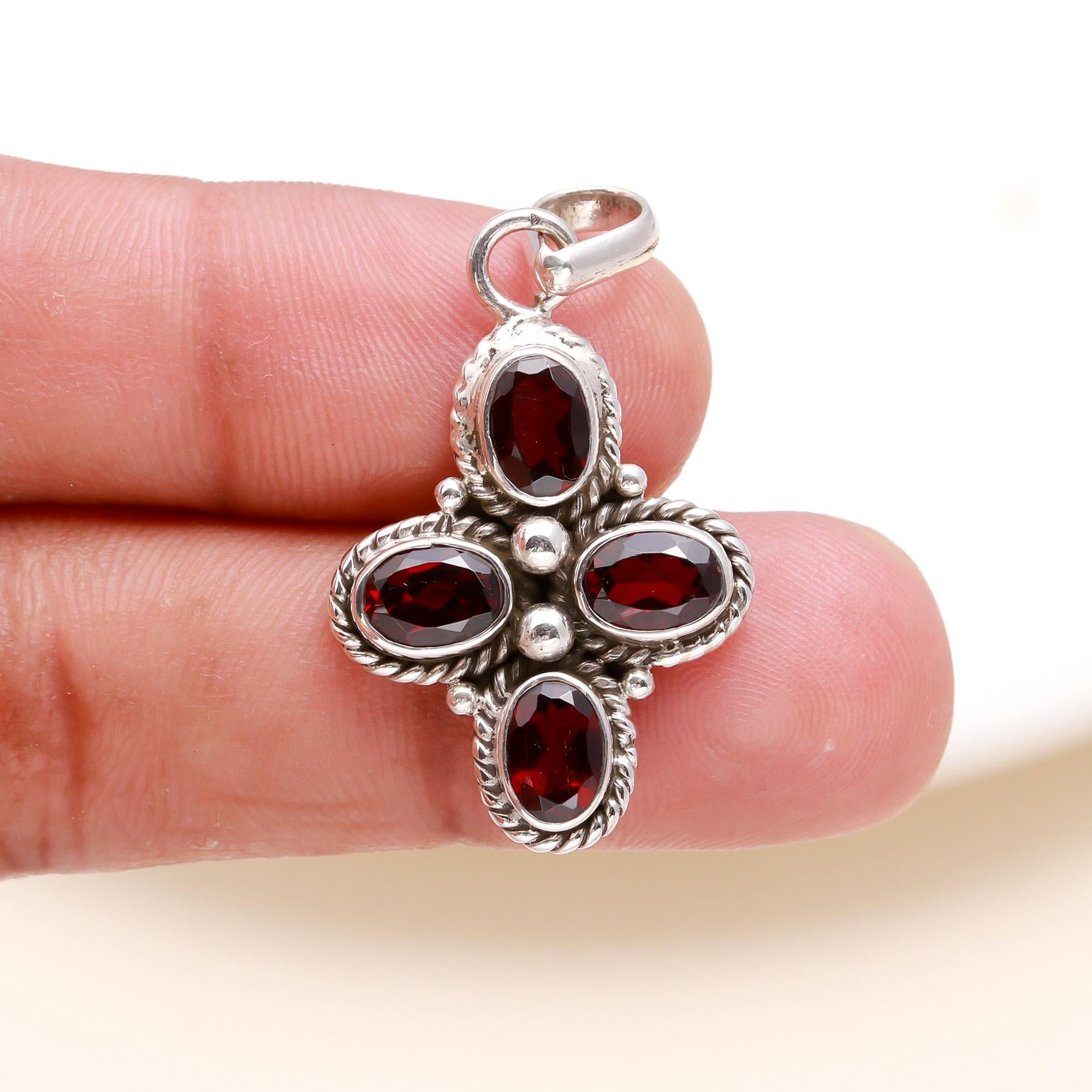 925 Sterling Silver Garnet Cross Pendant