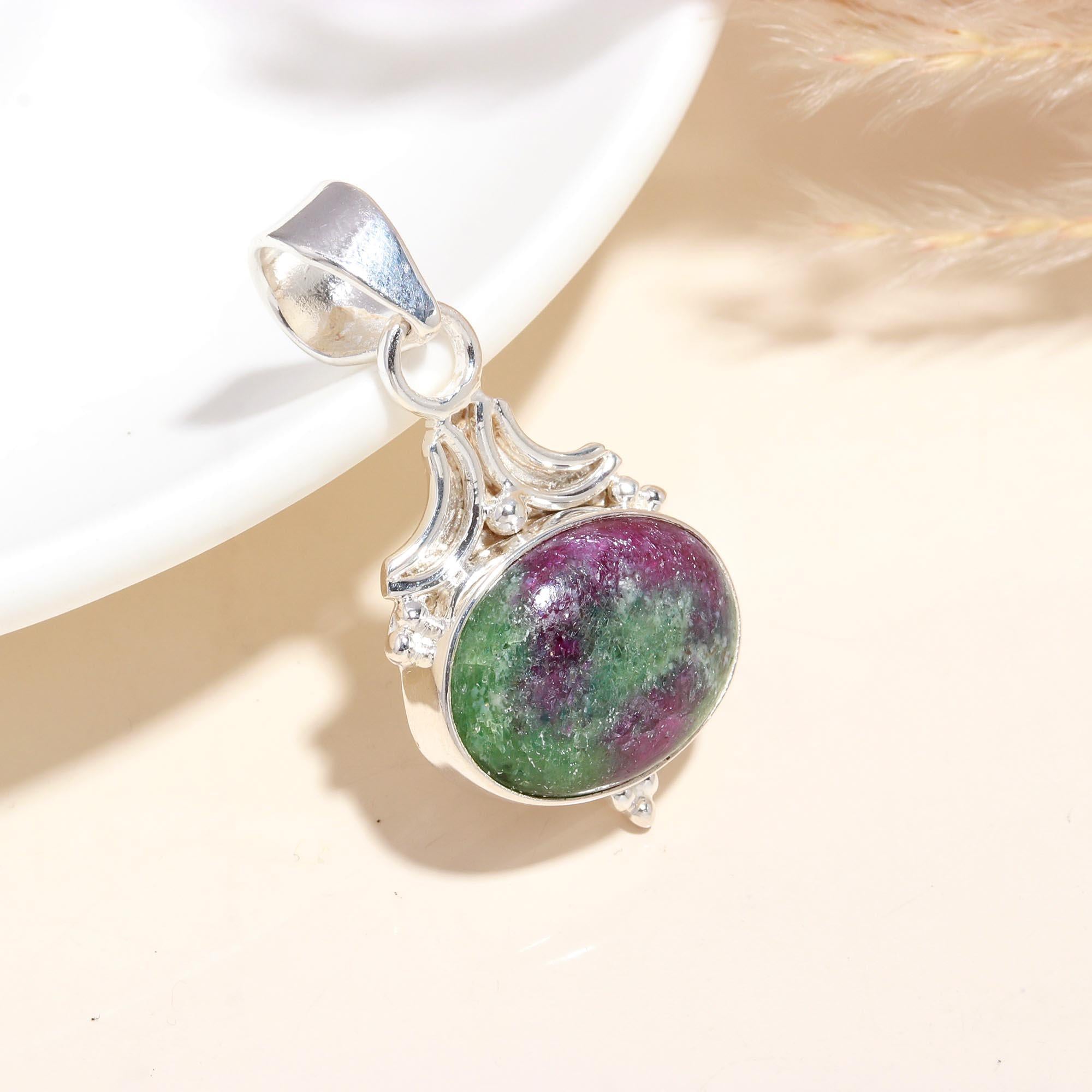 925 Sterling Silver Ruby Zoisite Oval Pendant