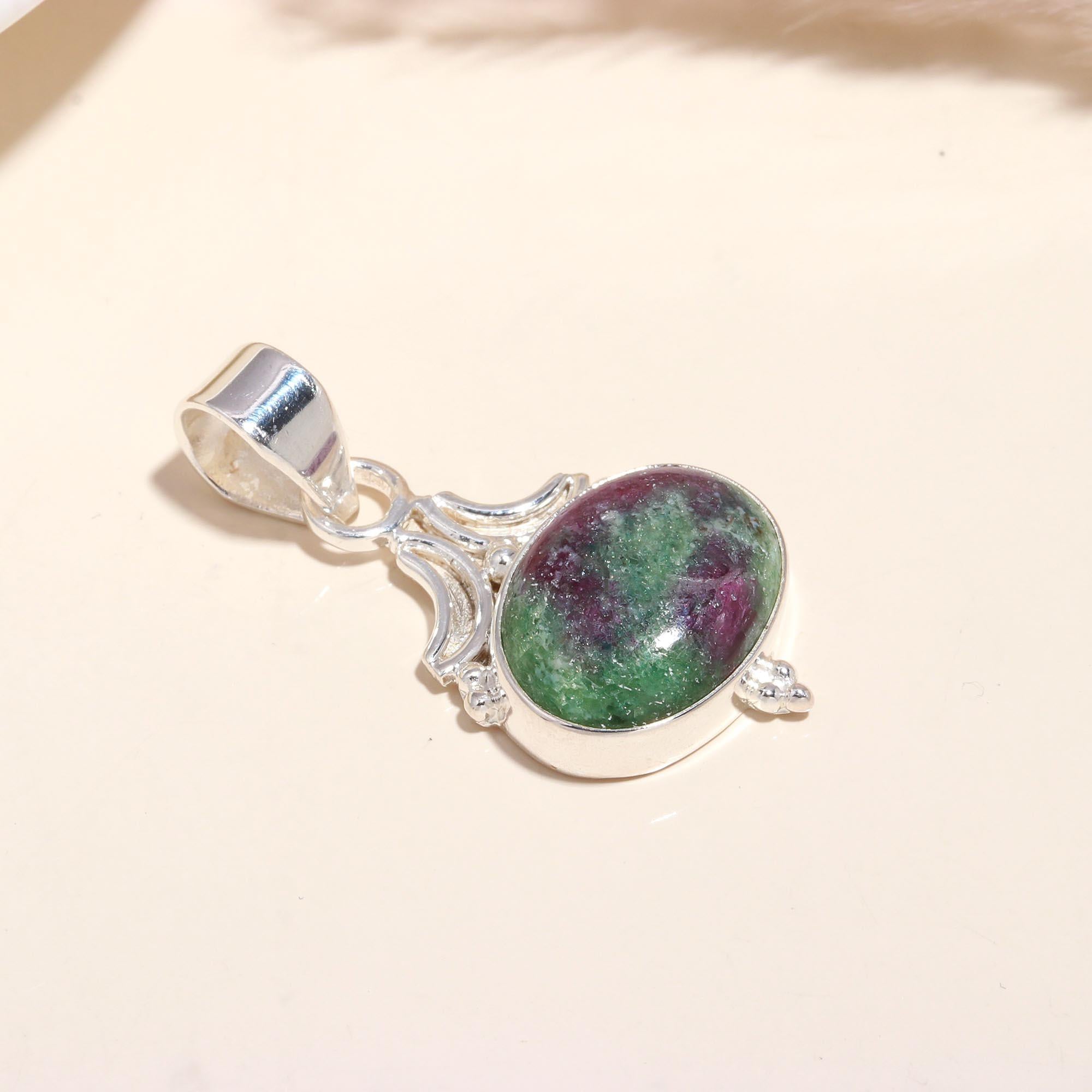 925 Sterling Silver Ruby Zoisite Oval Pendant