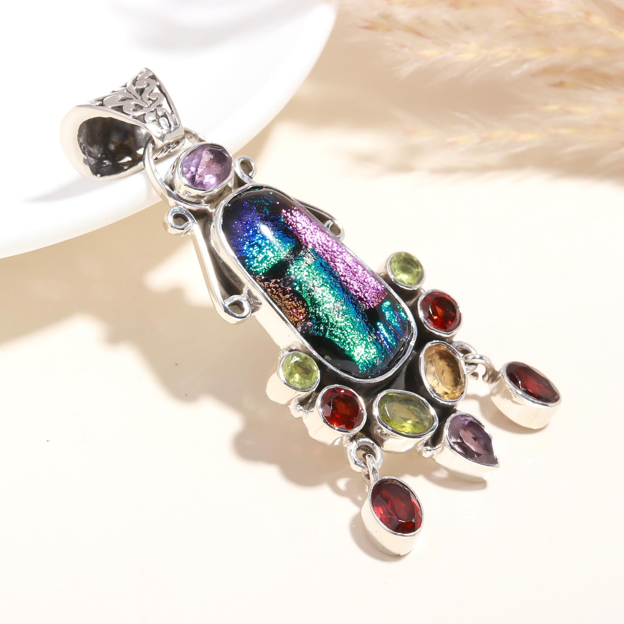 925 Sterling Silver Handmade Dichroic Glass & Multi-Gemstone Pendant