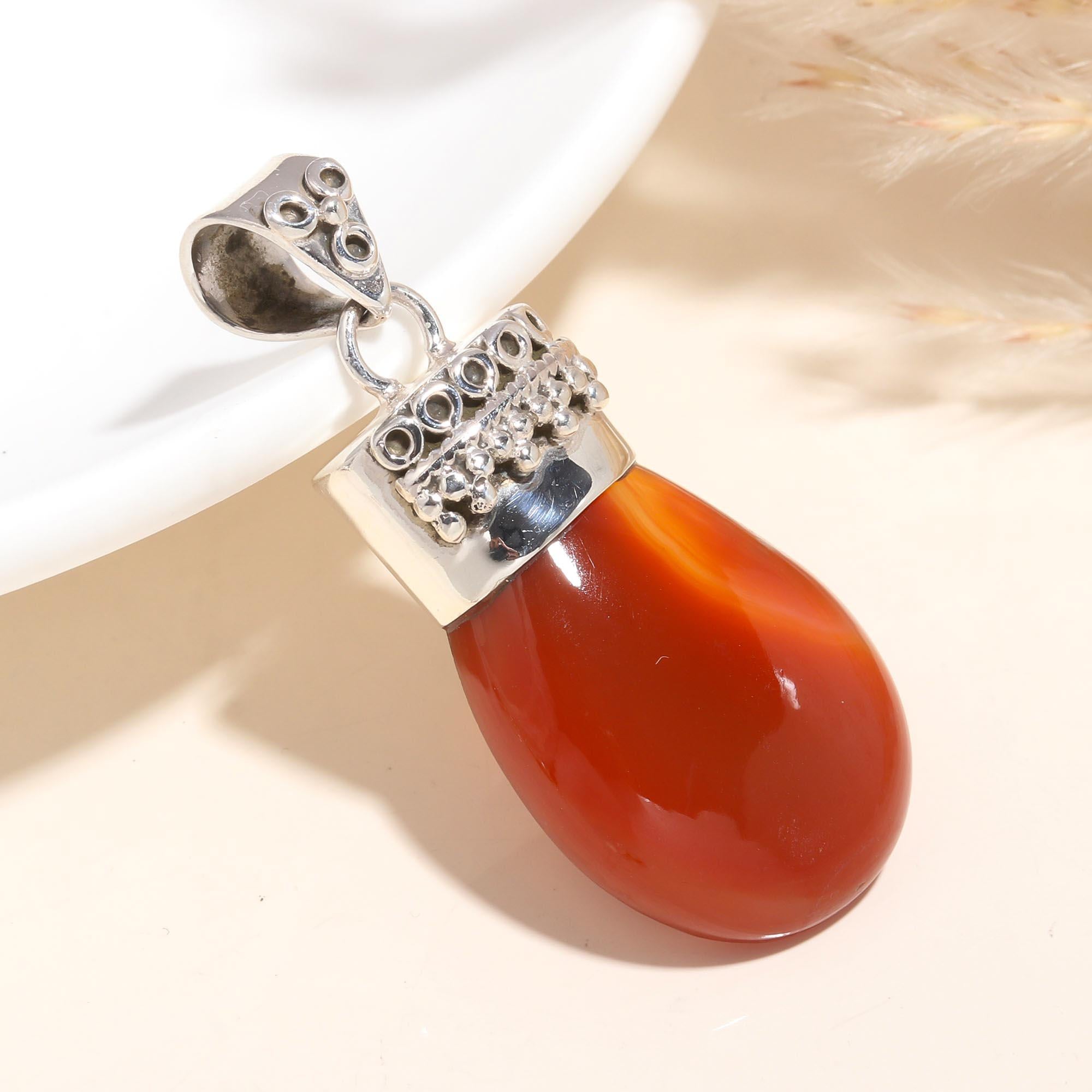925 Sterling Silver Handmade Vintage Boho Carnelian Teardrop Pendant