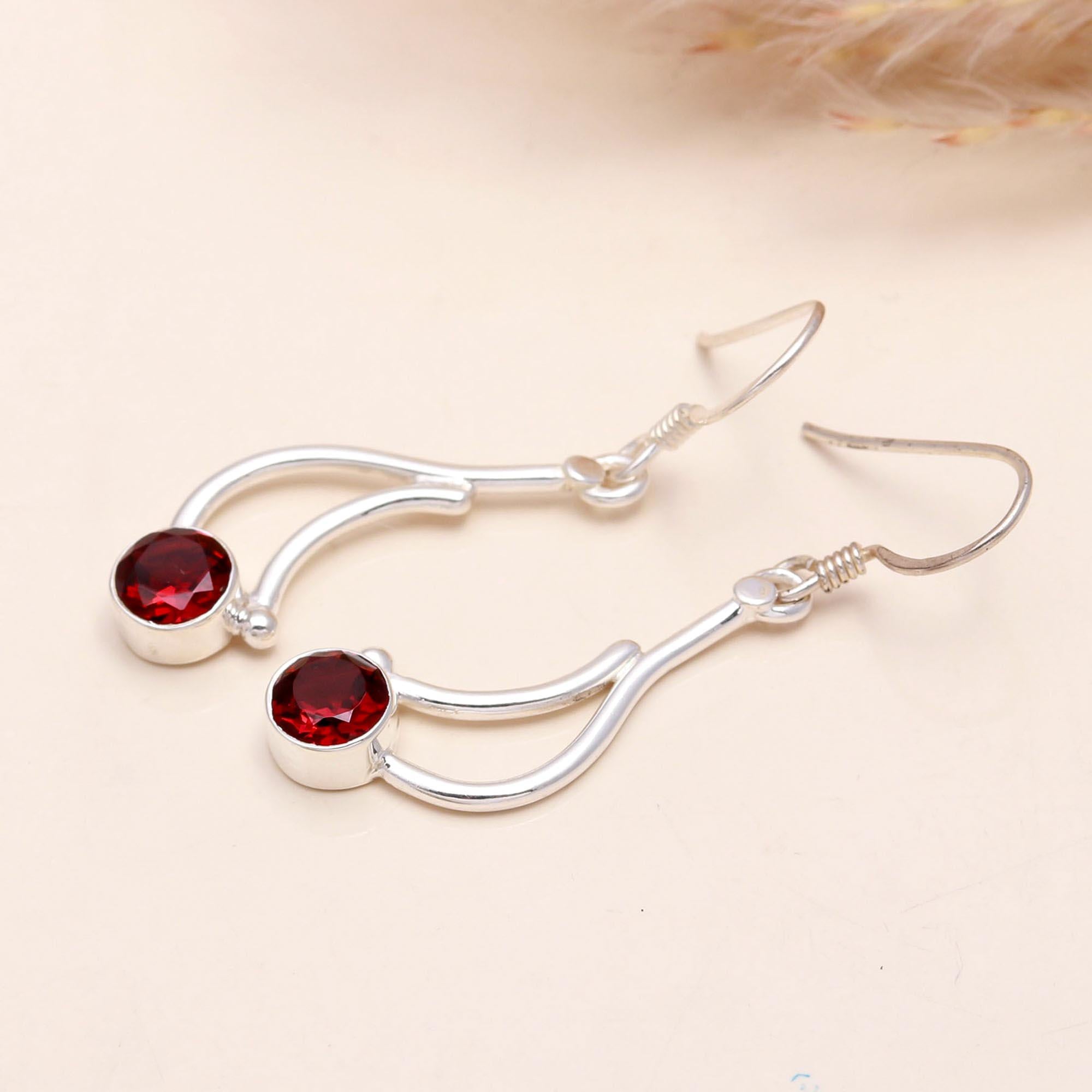 925 Sterling Silver Garnet Dangle Earrings