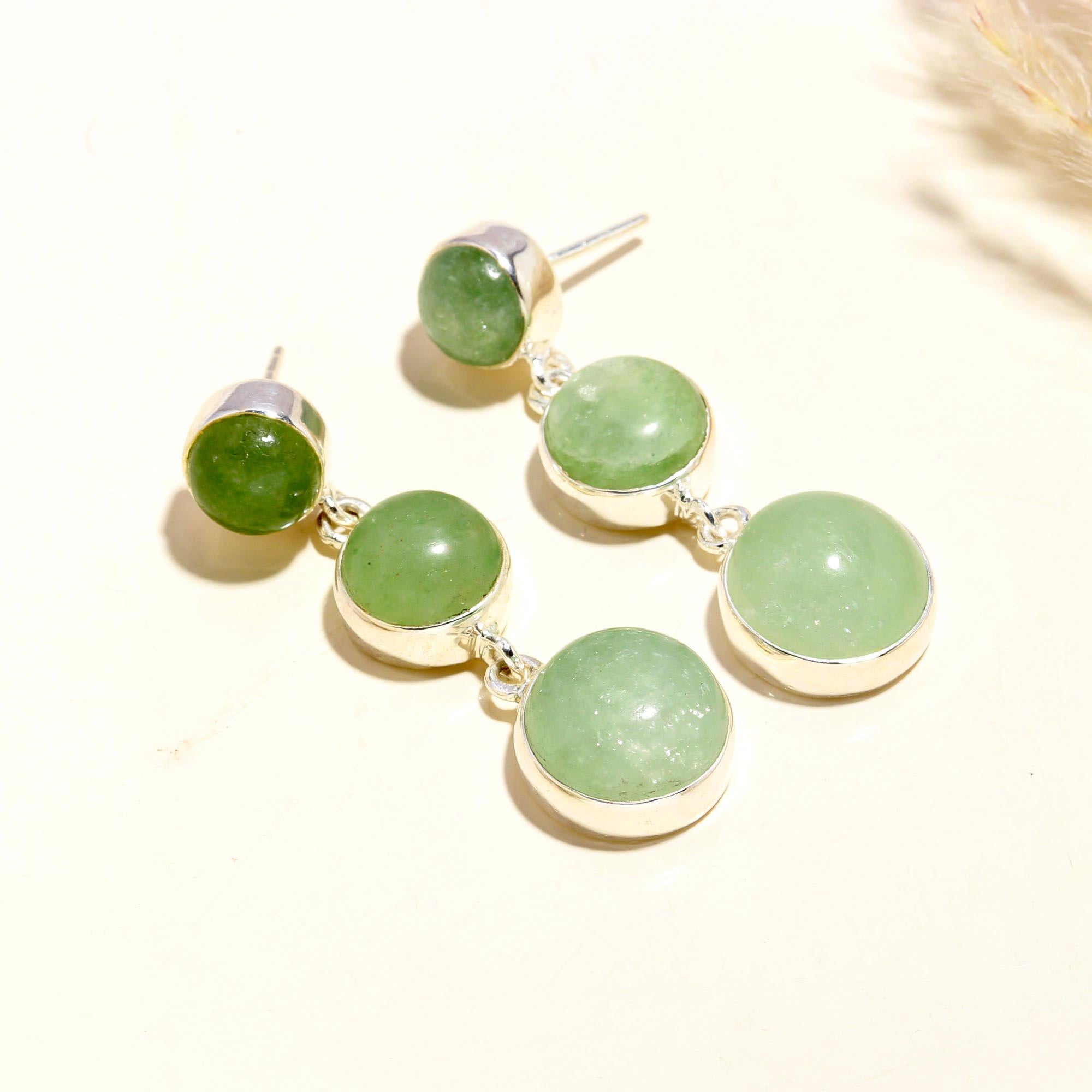 925 Sterling Silver Green Jade Dangle Earrings