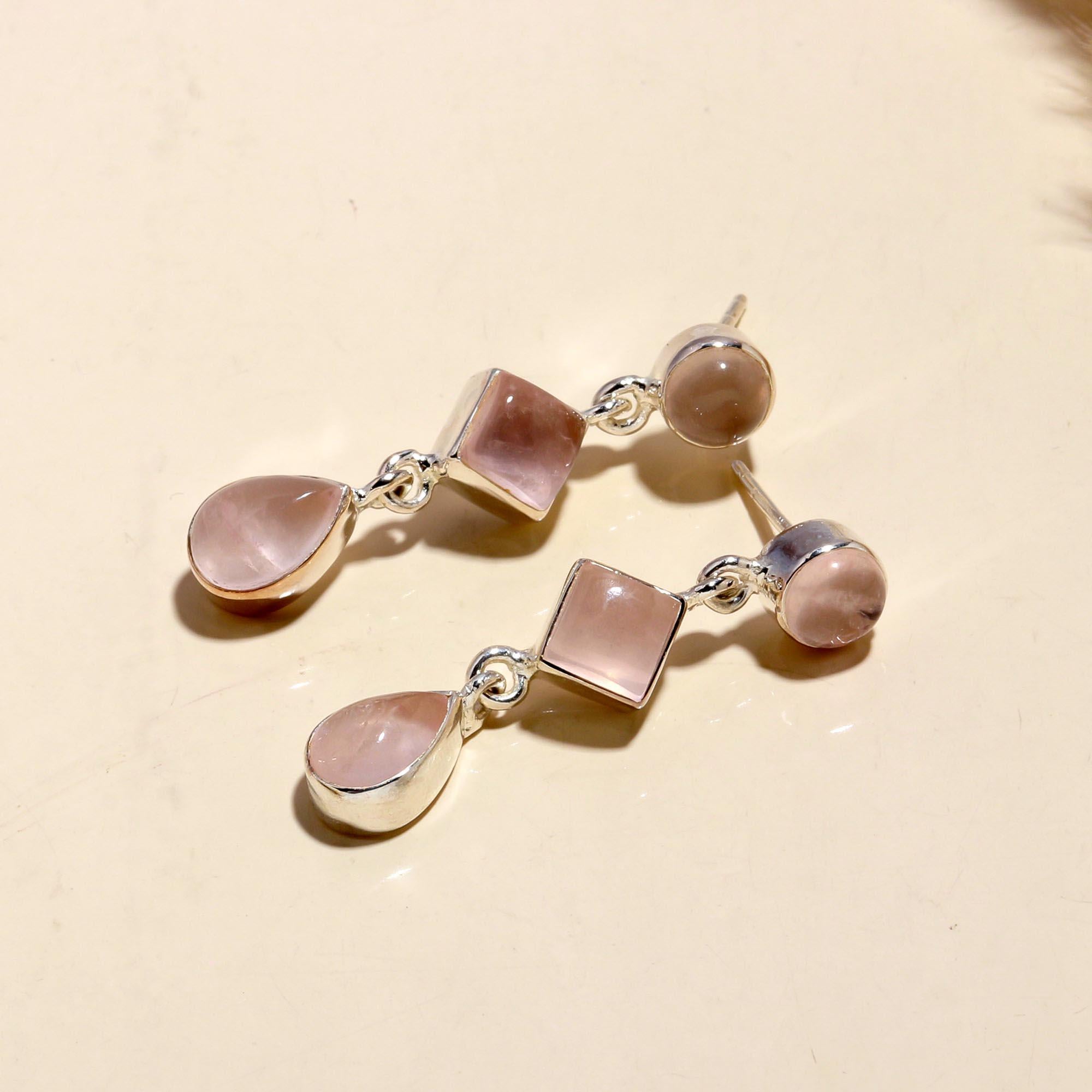 925 Sterling Silver Rose Quartz Dangle Earrings
