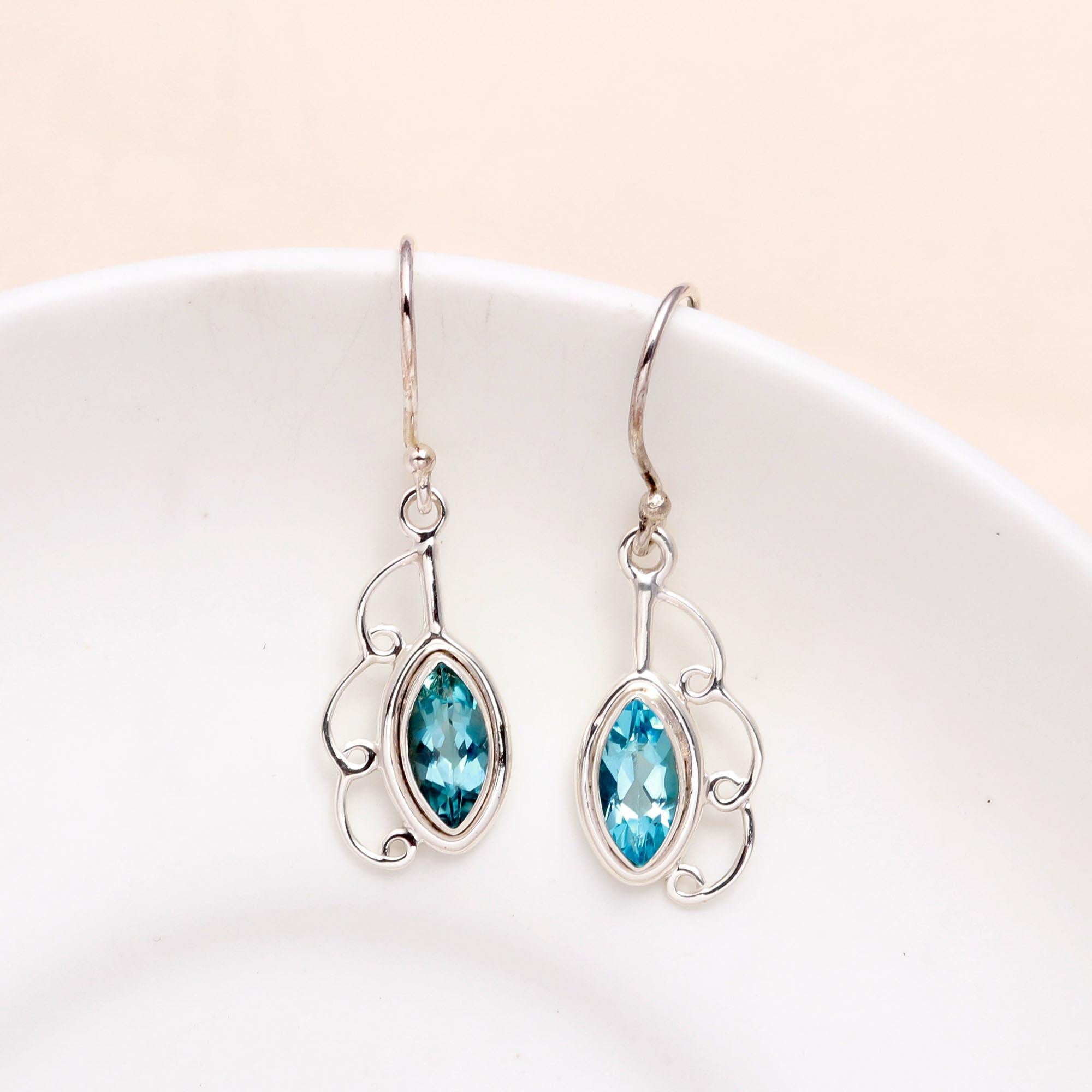 925 Sterling Silver Blue Topaz Filigree Dangle Earrings