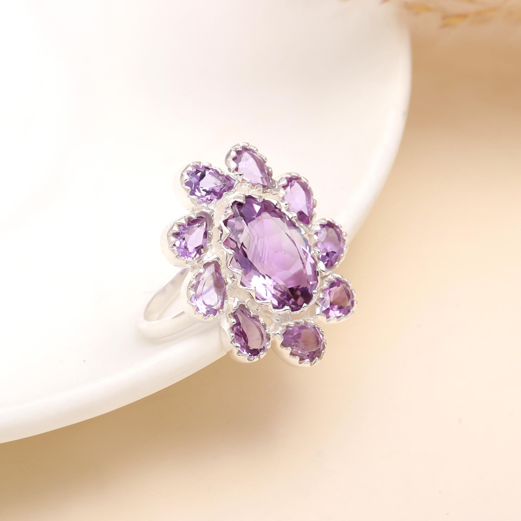 925 Sterling Silver Amethyst Cluster Statement Ring