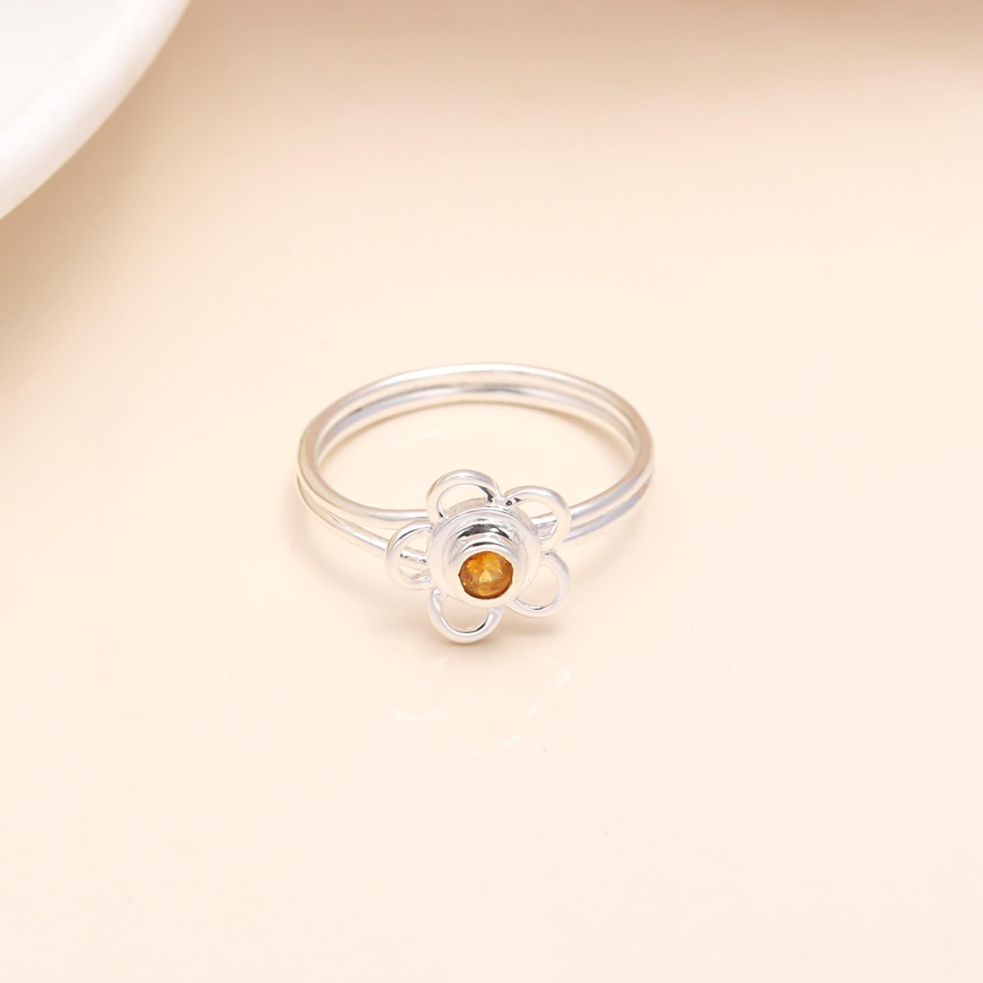 925 Sterling Silver Flower Ring with Citrine Gemstone