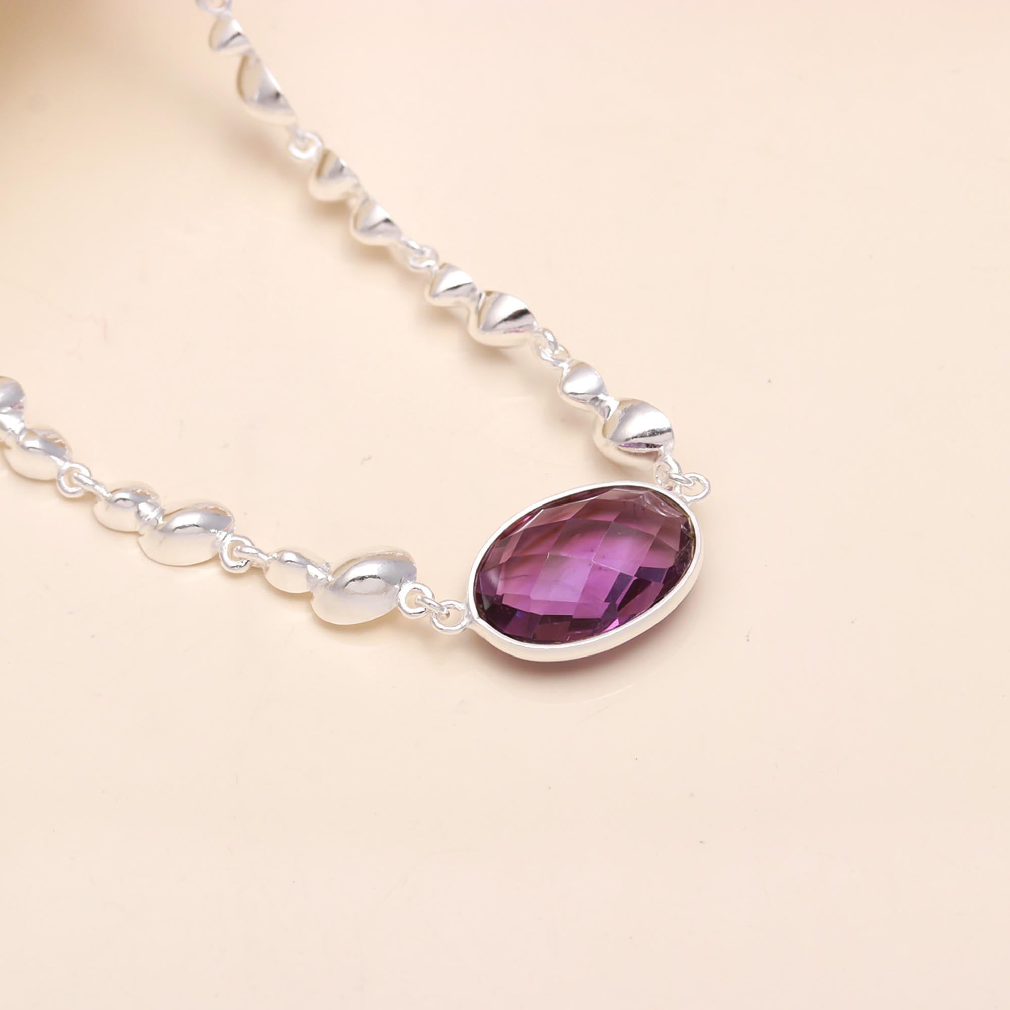 925 Sterling Silver Oval Amethyst Beaded Necklace