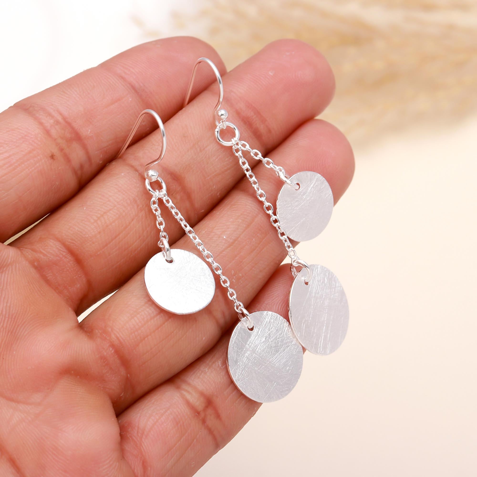 925 Sterling Silver Layered Disc Long Drop Dangle Earrings