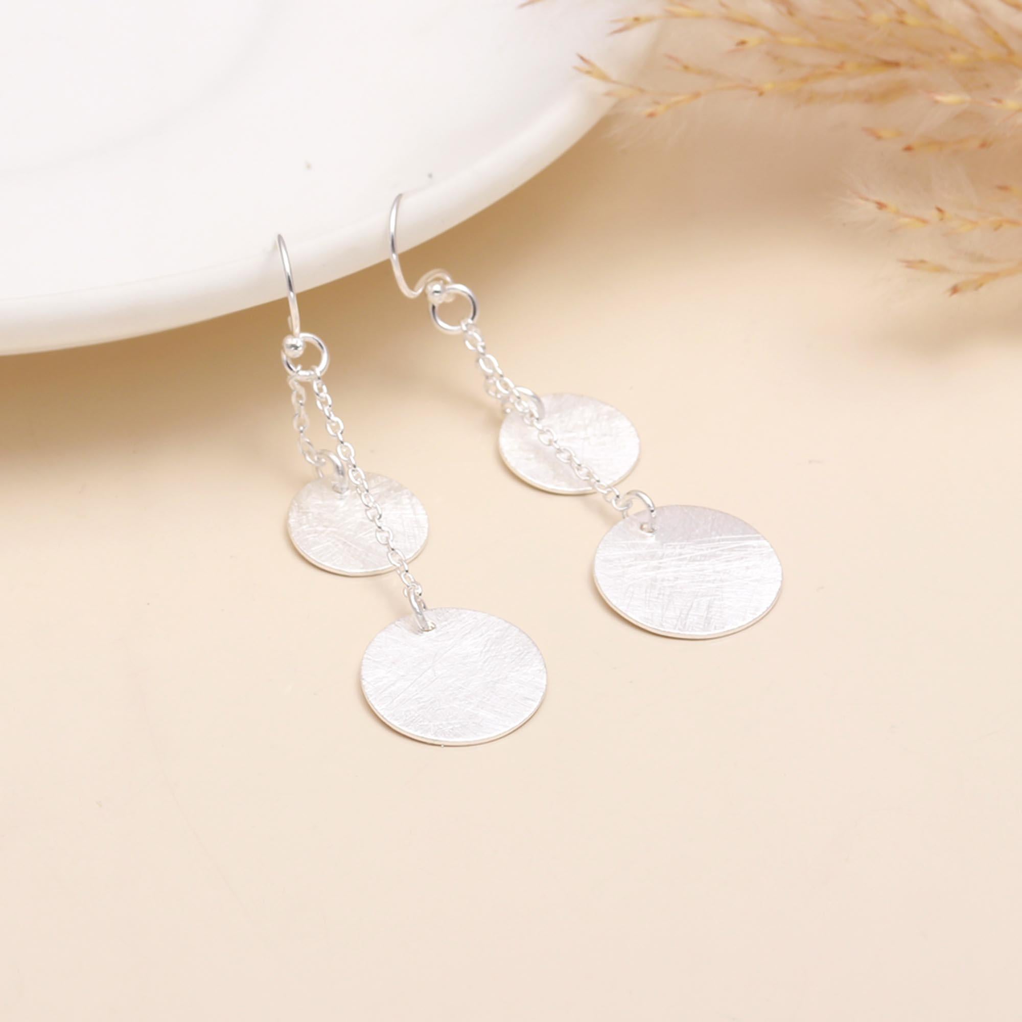 925 Sterling Silver Layered Disc Long Drop Dangle Earrings