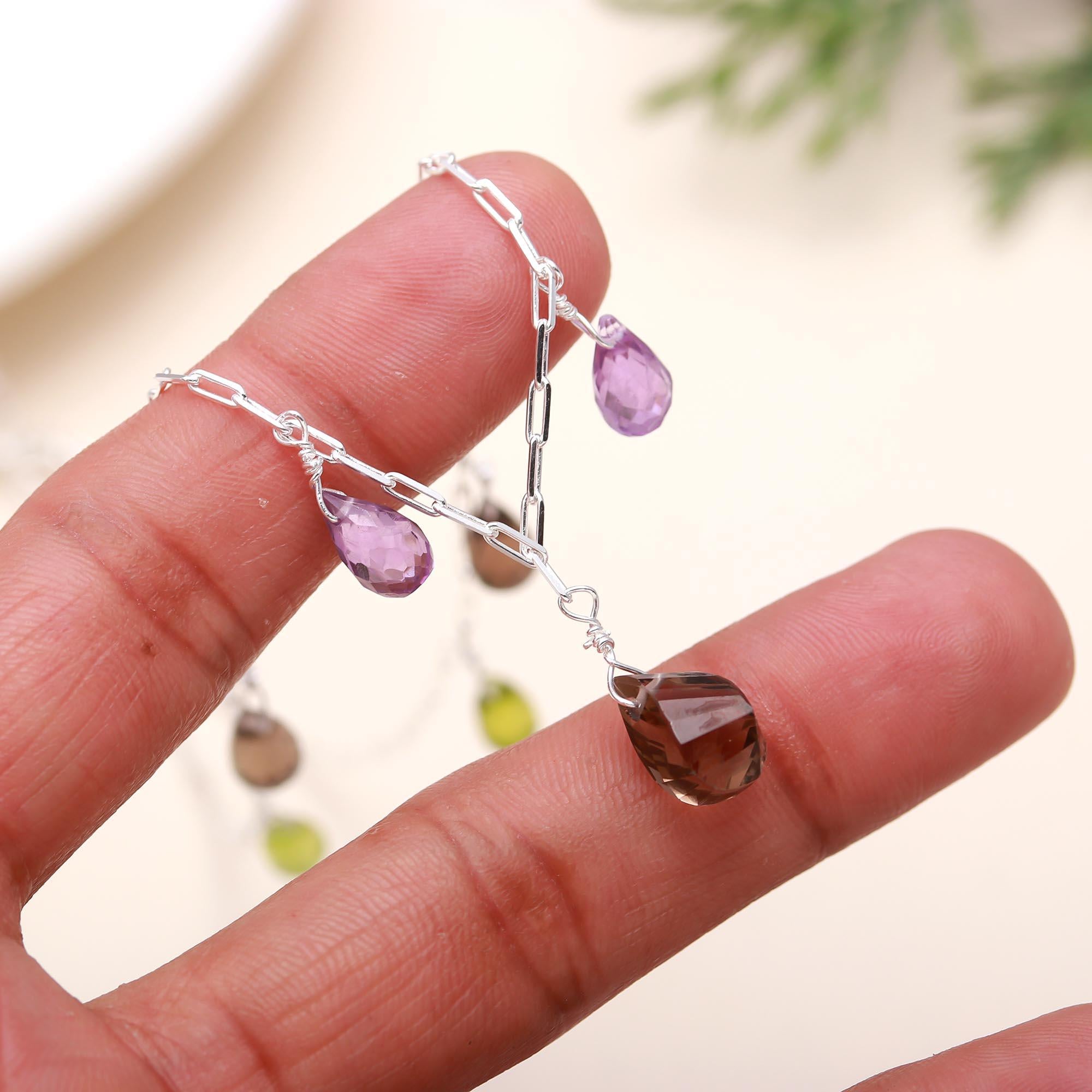 925 Sterling Silver Natural Multy Peridot Citrine Amethyst Smoky Necklace