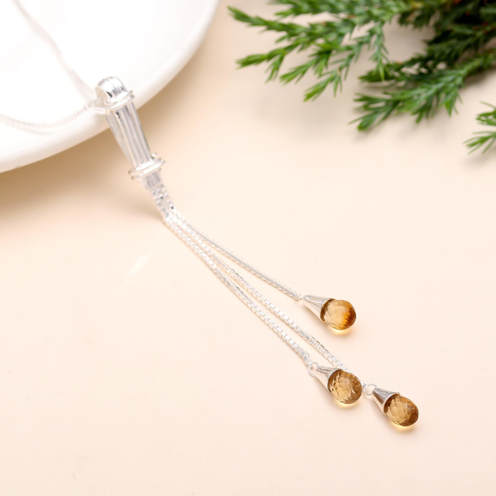Solid 925 Silver Citrine Drops Designer Necklace Box Chain