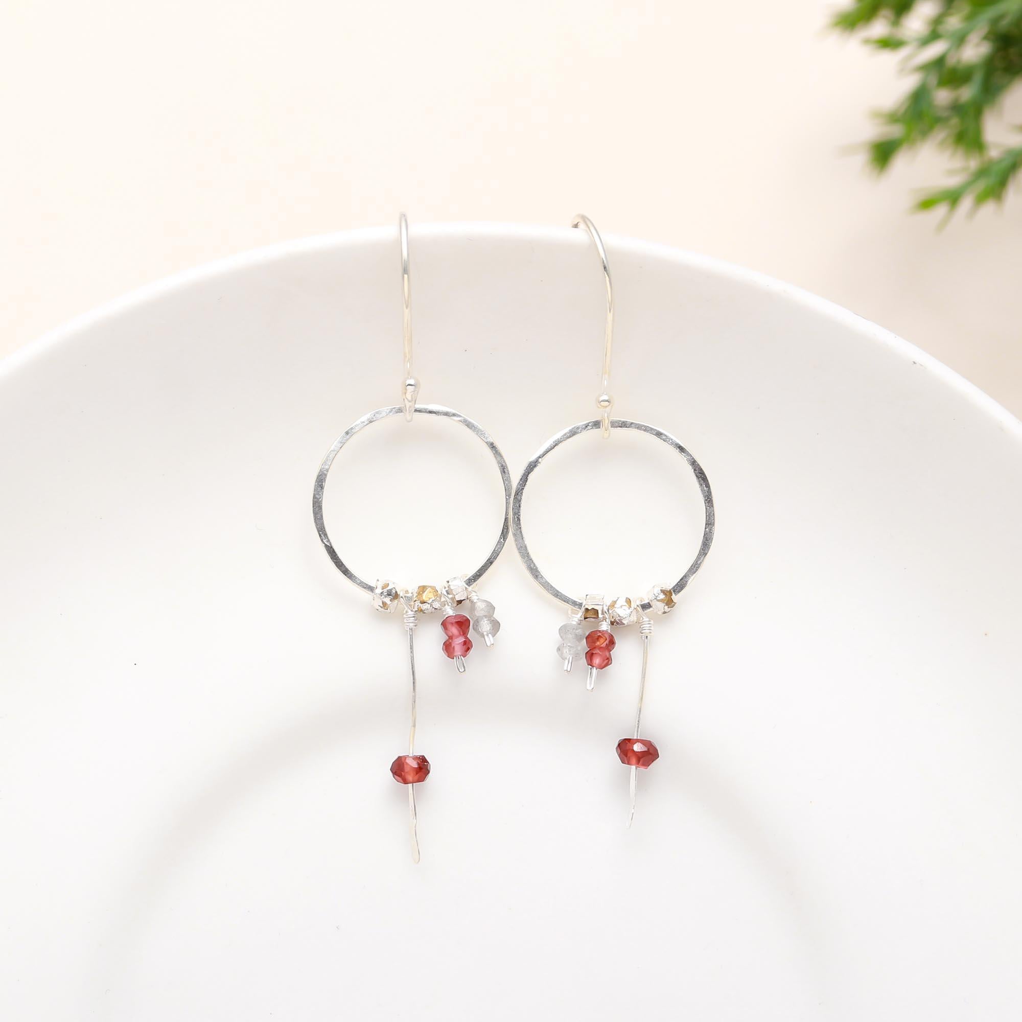 925 Sterling Silver Garnet Beads Hammered Hoop Dangle Earrings