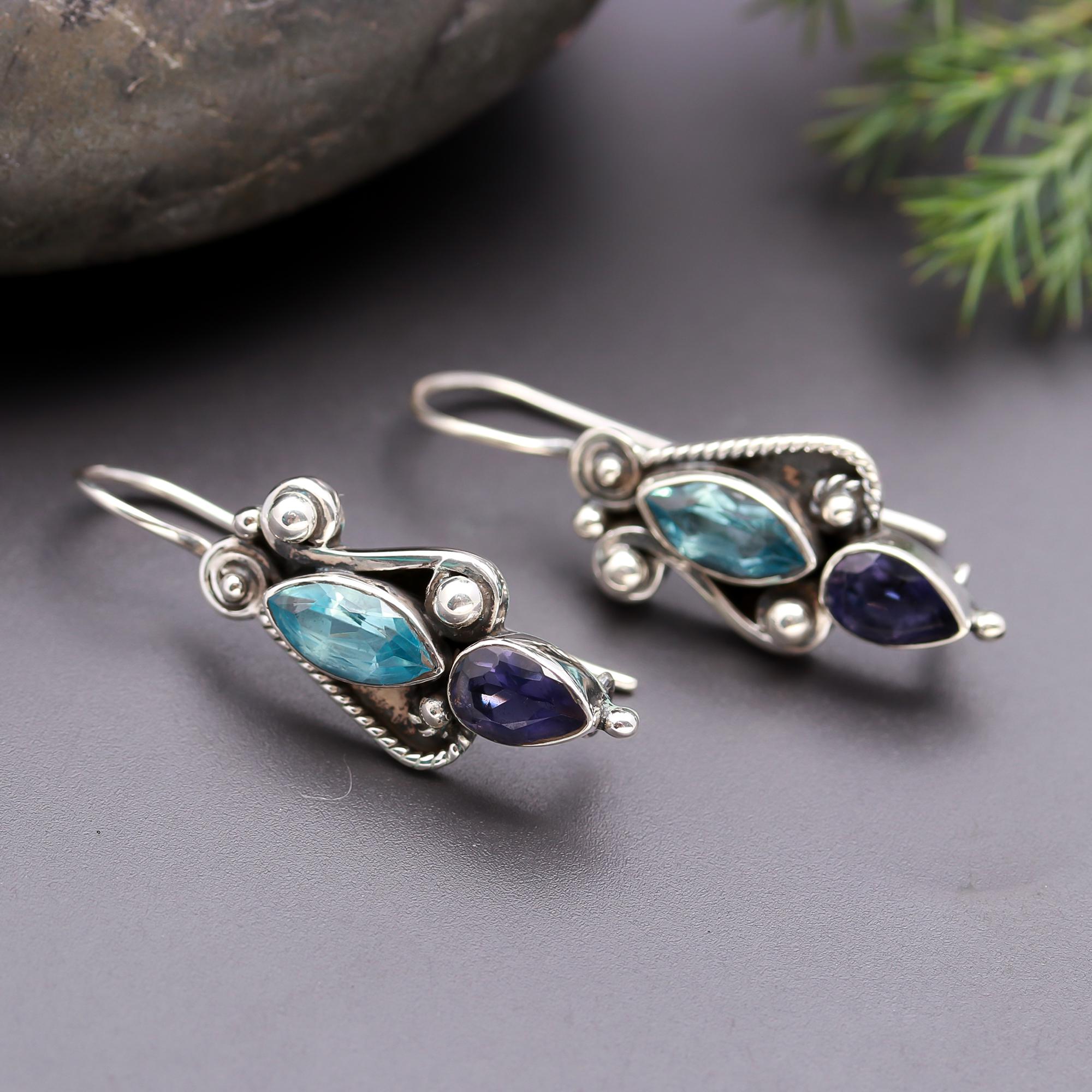 925 Silver Blue Topaz and Iolite Dangle Earrings