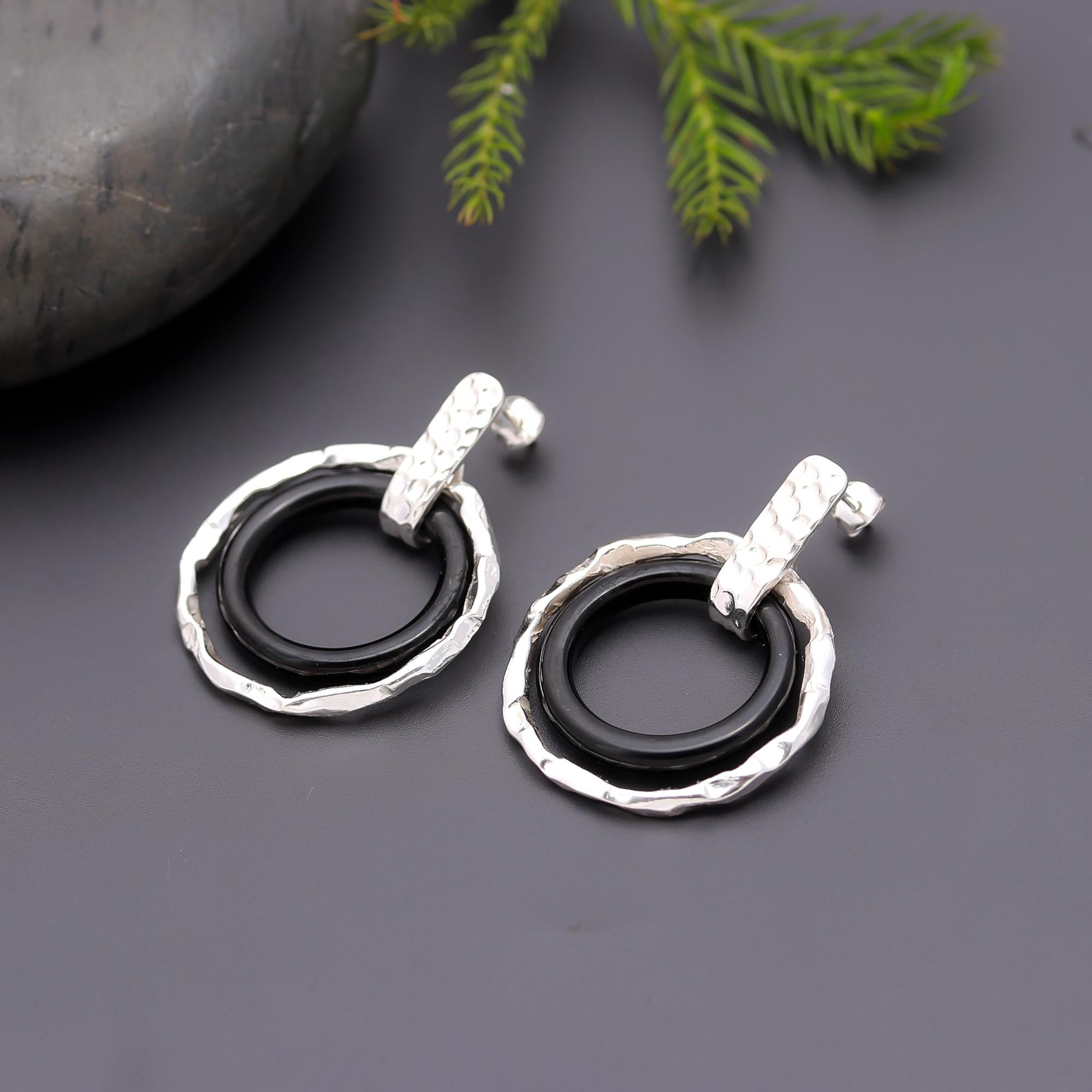 925 Silver Textured Black Onyx Hoop Stud Earrings