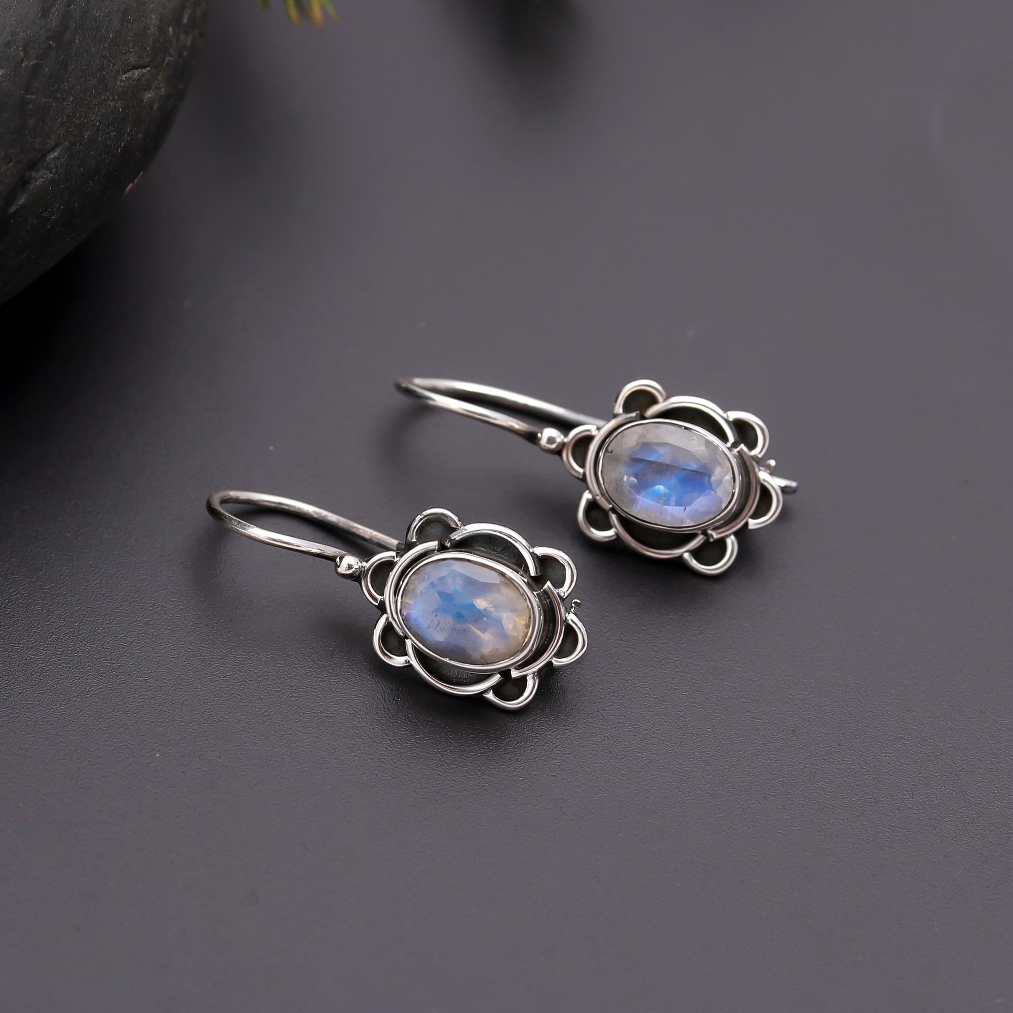 925 Silver Moonstone Floral Dangle Earrings