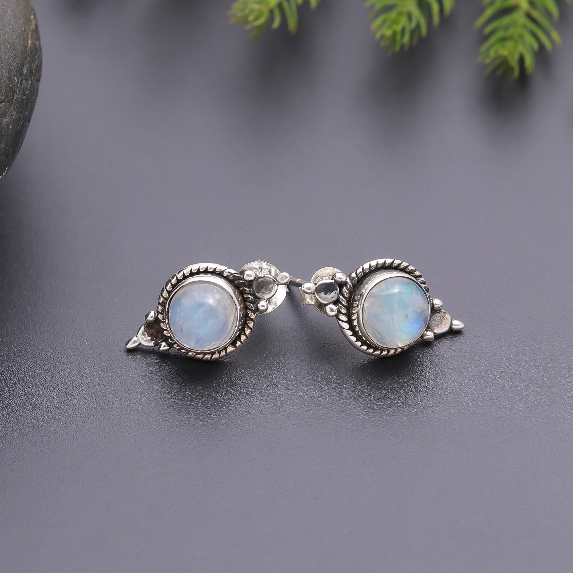925 Silver Rainbow Moonstone Stud Earrings