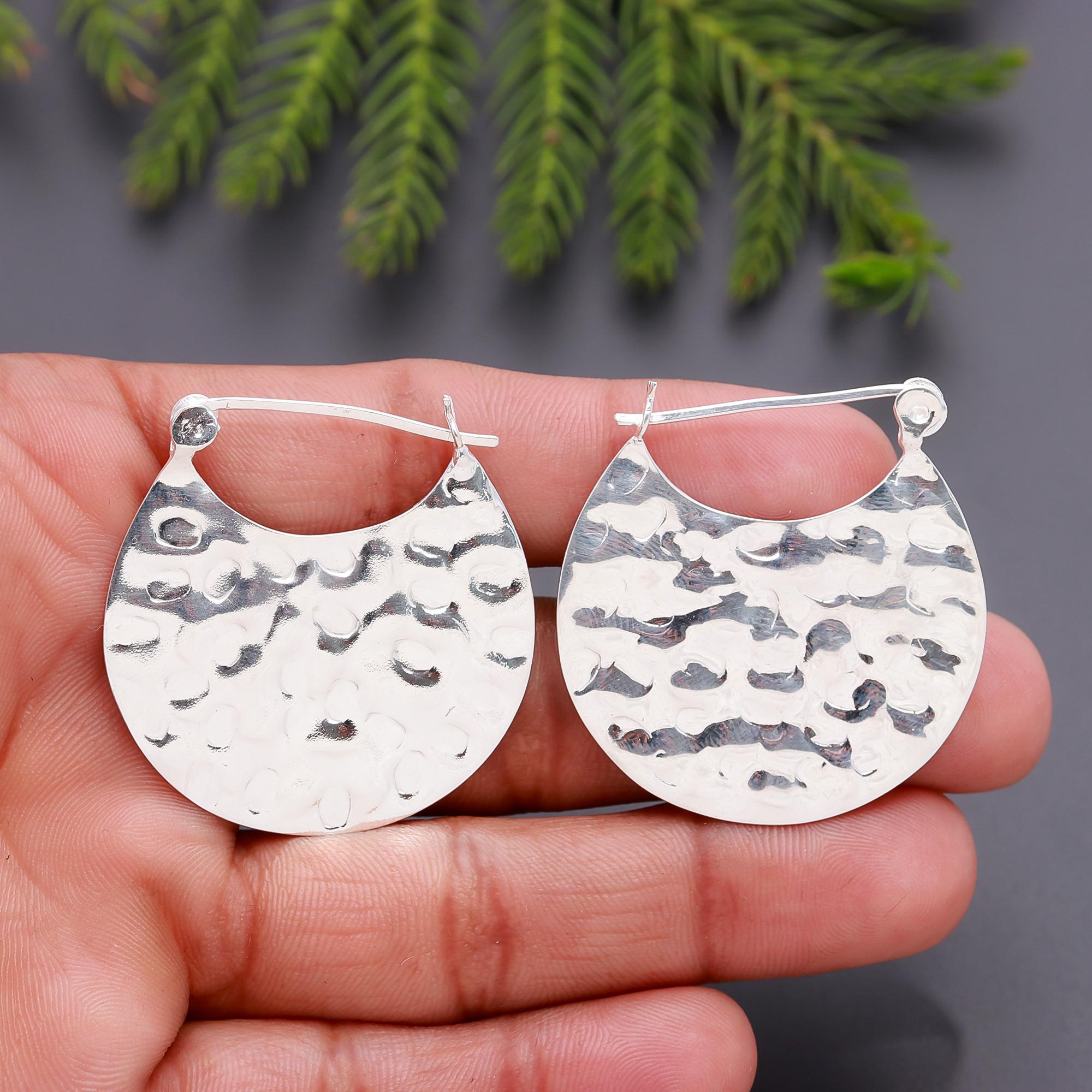 925 Silver Hammered Half Moon Hoop Earrings
