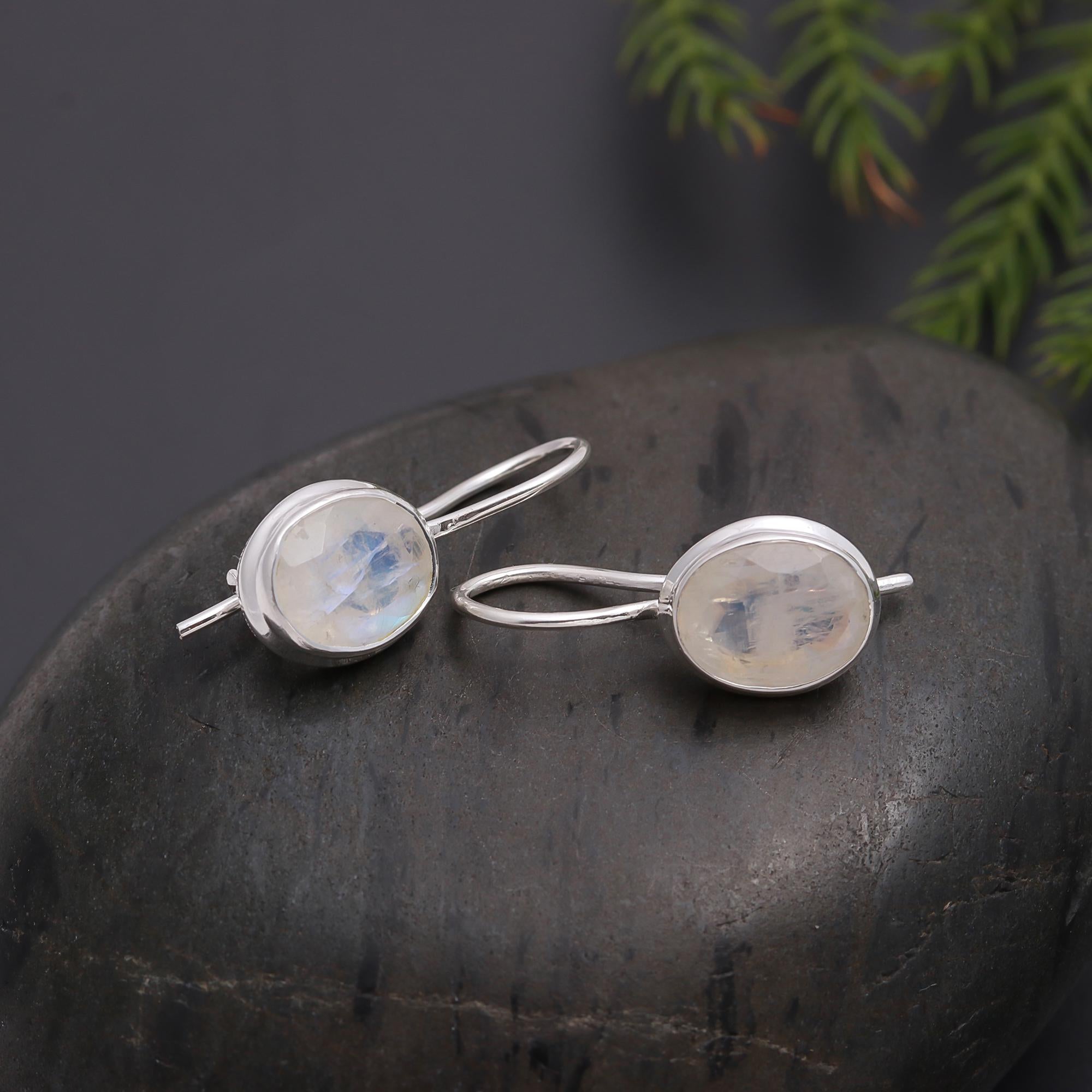 925 Silver Rainbow Moonstone Dangle Earrings