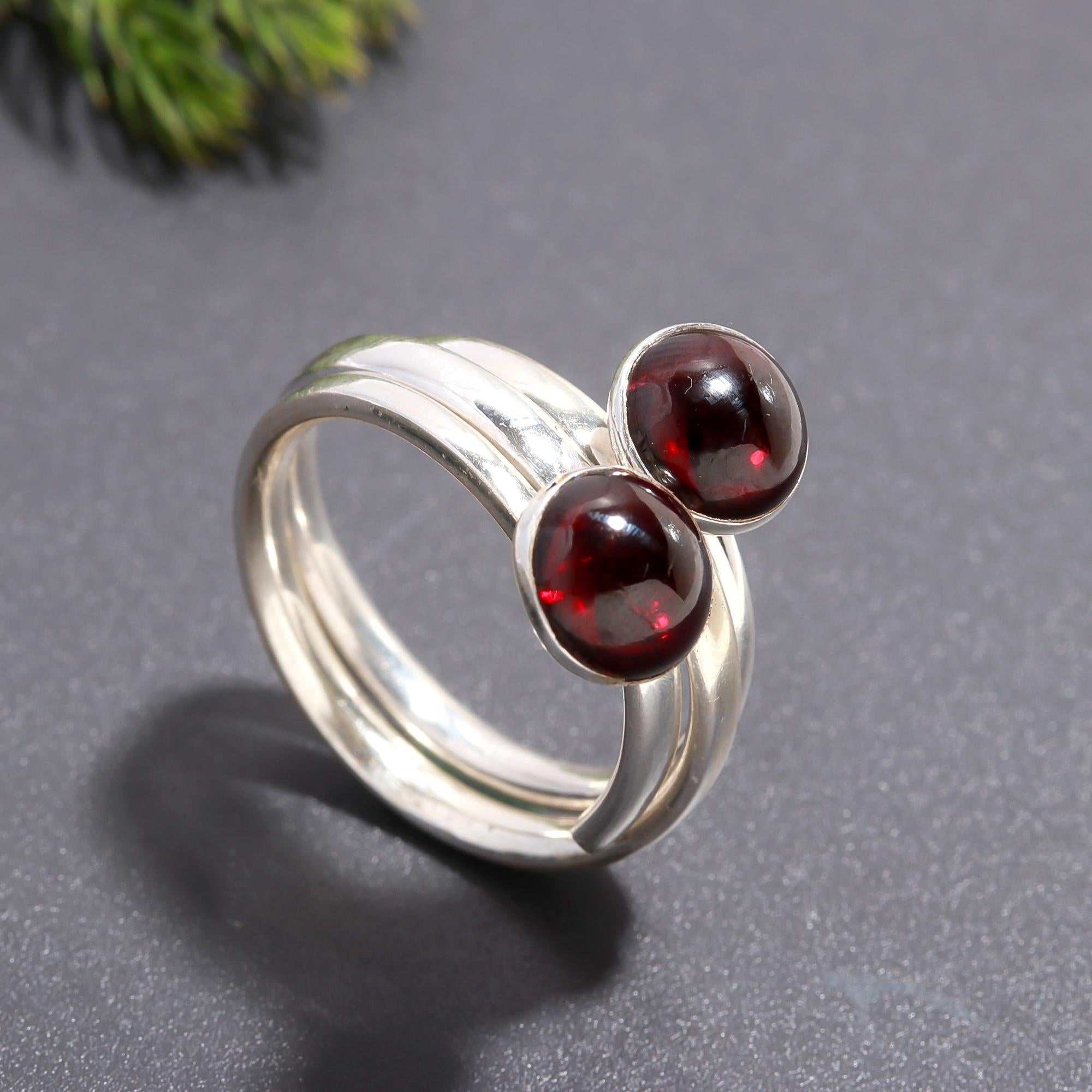 925 Silver Double Garnet Adjustable Ring