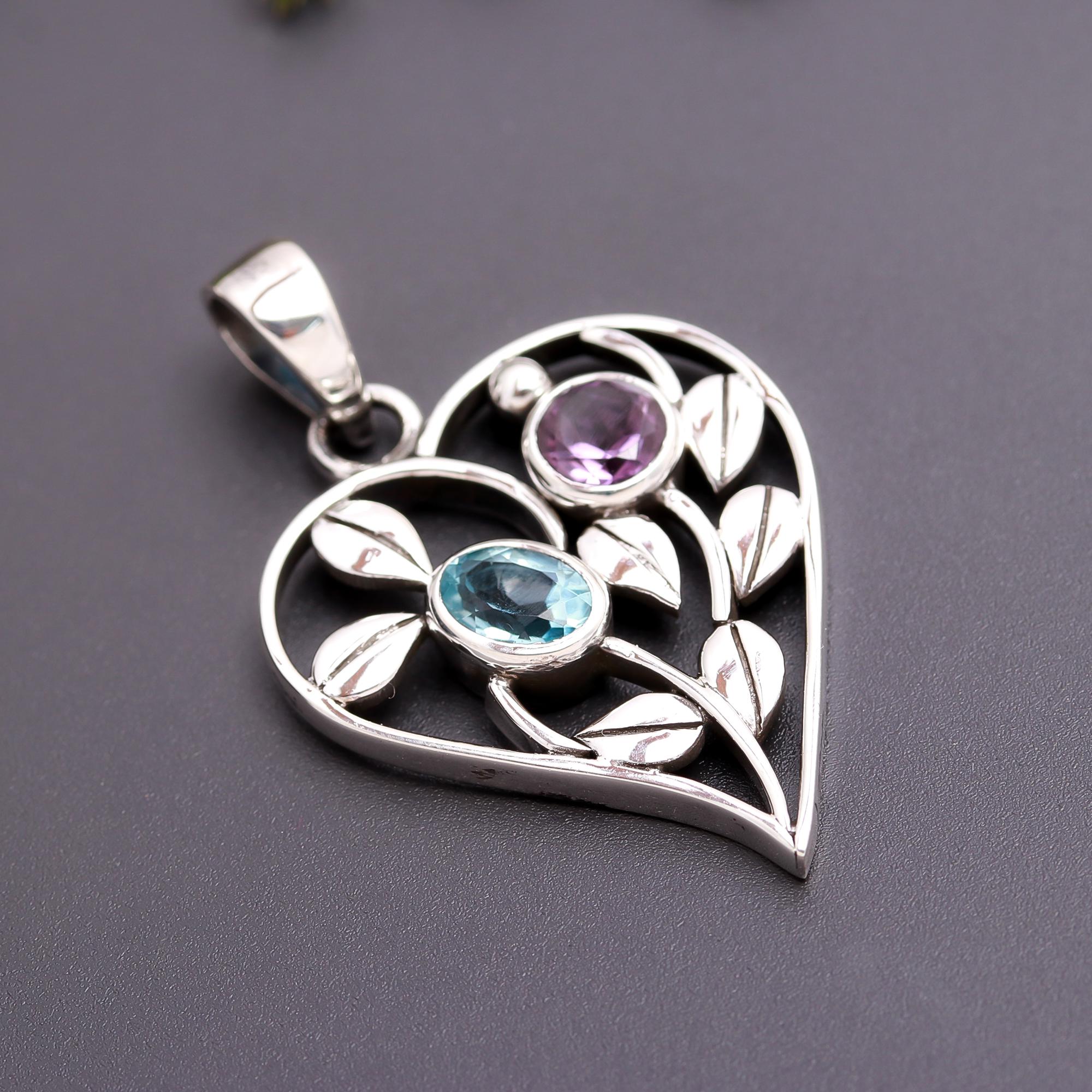 925 Silver Blue Topaz and Amethyst Heart Pendant