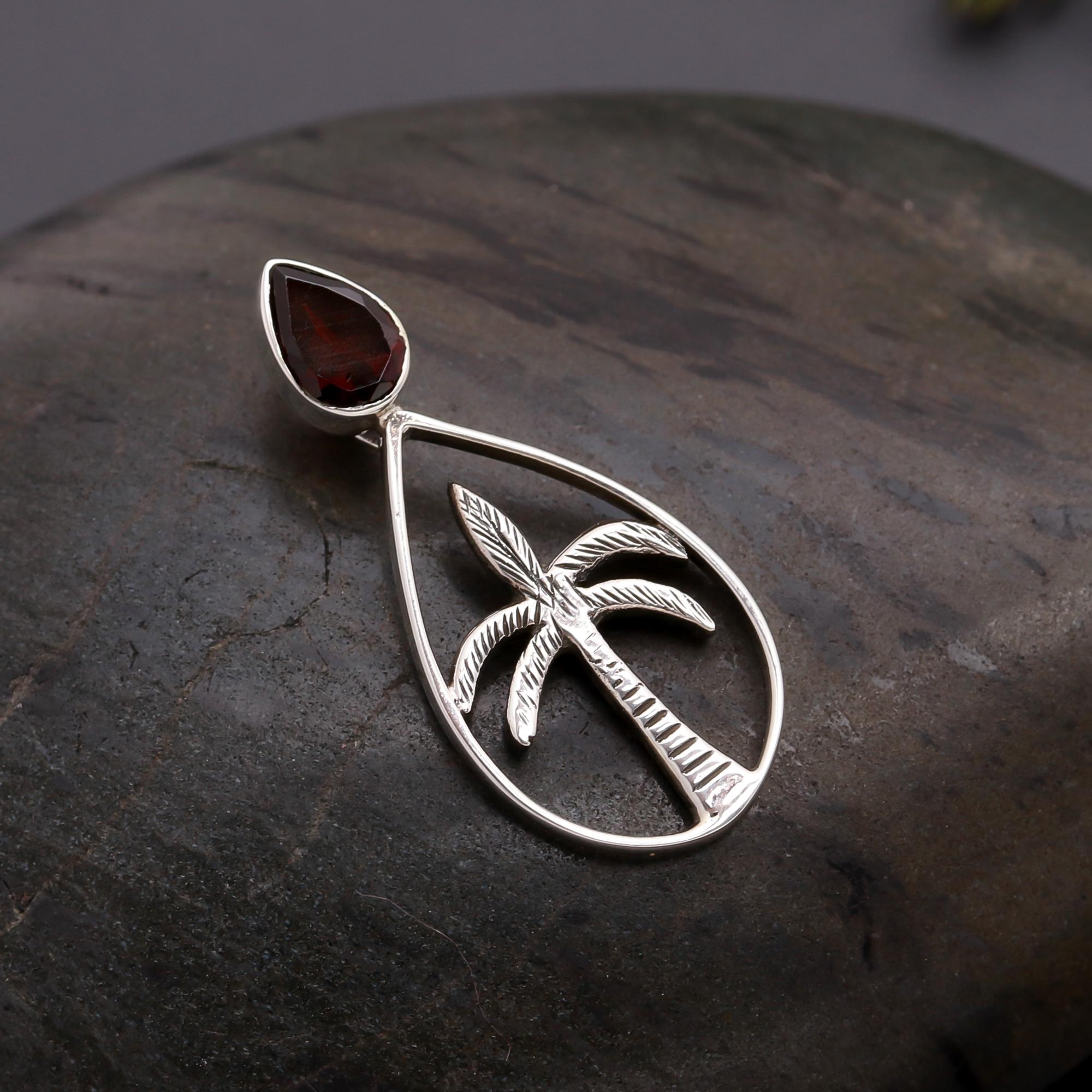 925 Silver Garnet Palm Tree Pendant