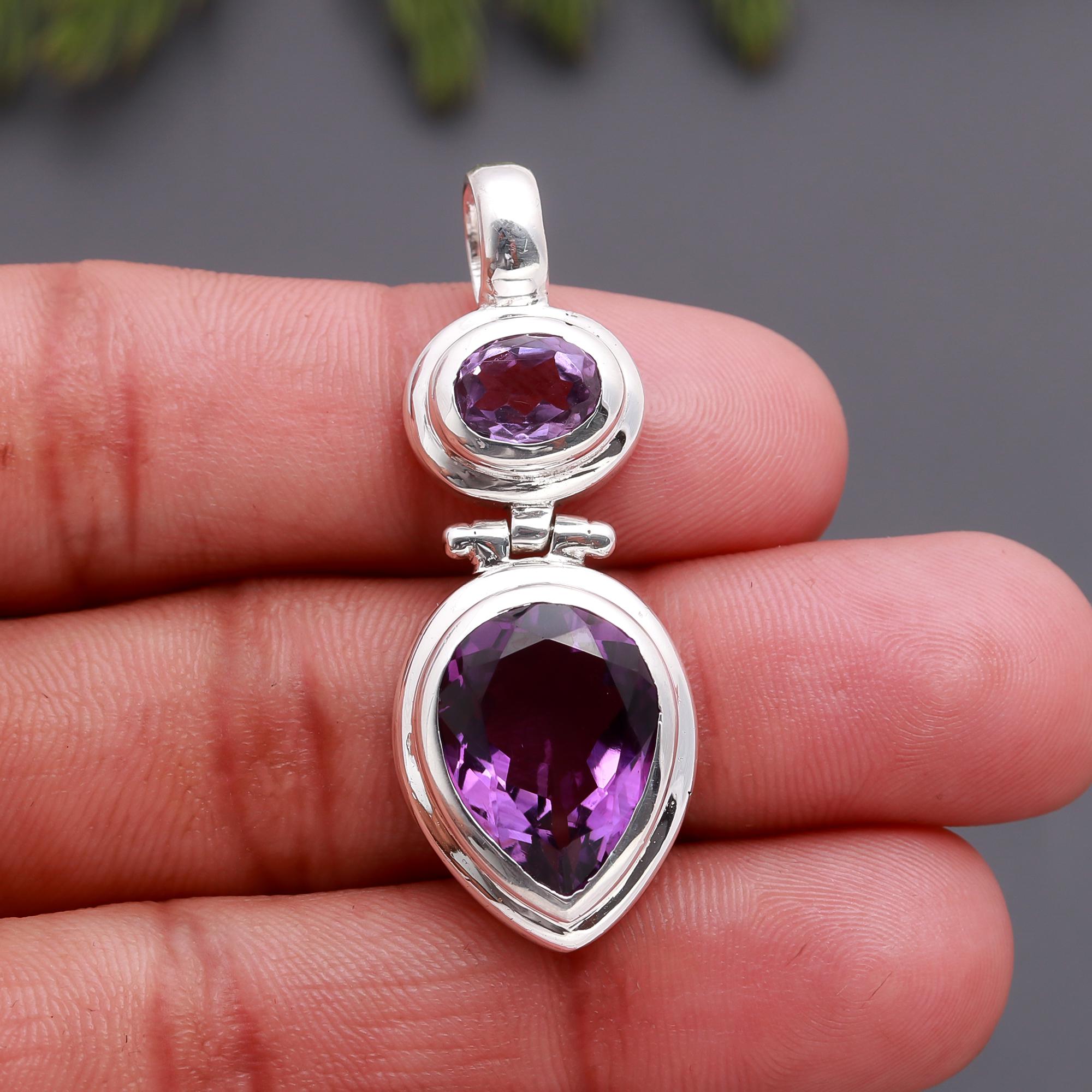 925 Silver Double Amethyst Pendant