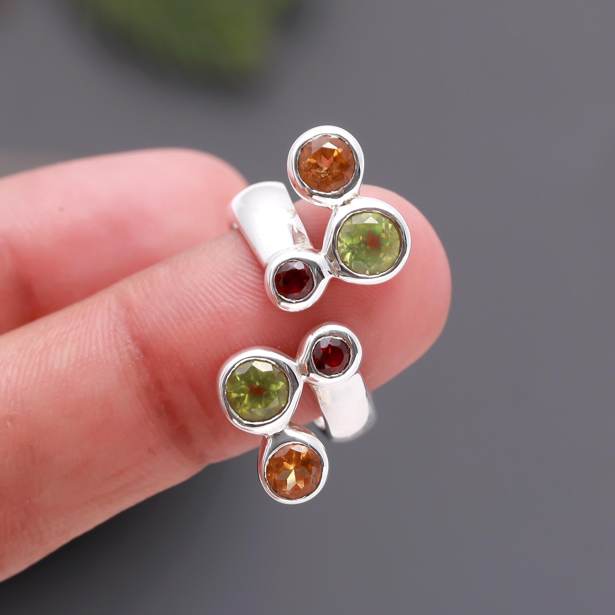 925 Silver Adjustable Peridot, Garnet & Citrine Ring